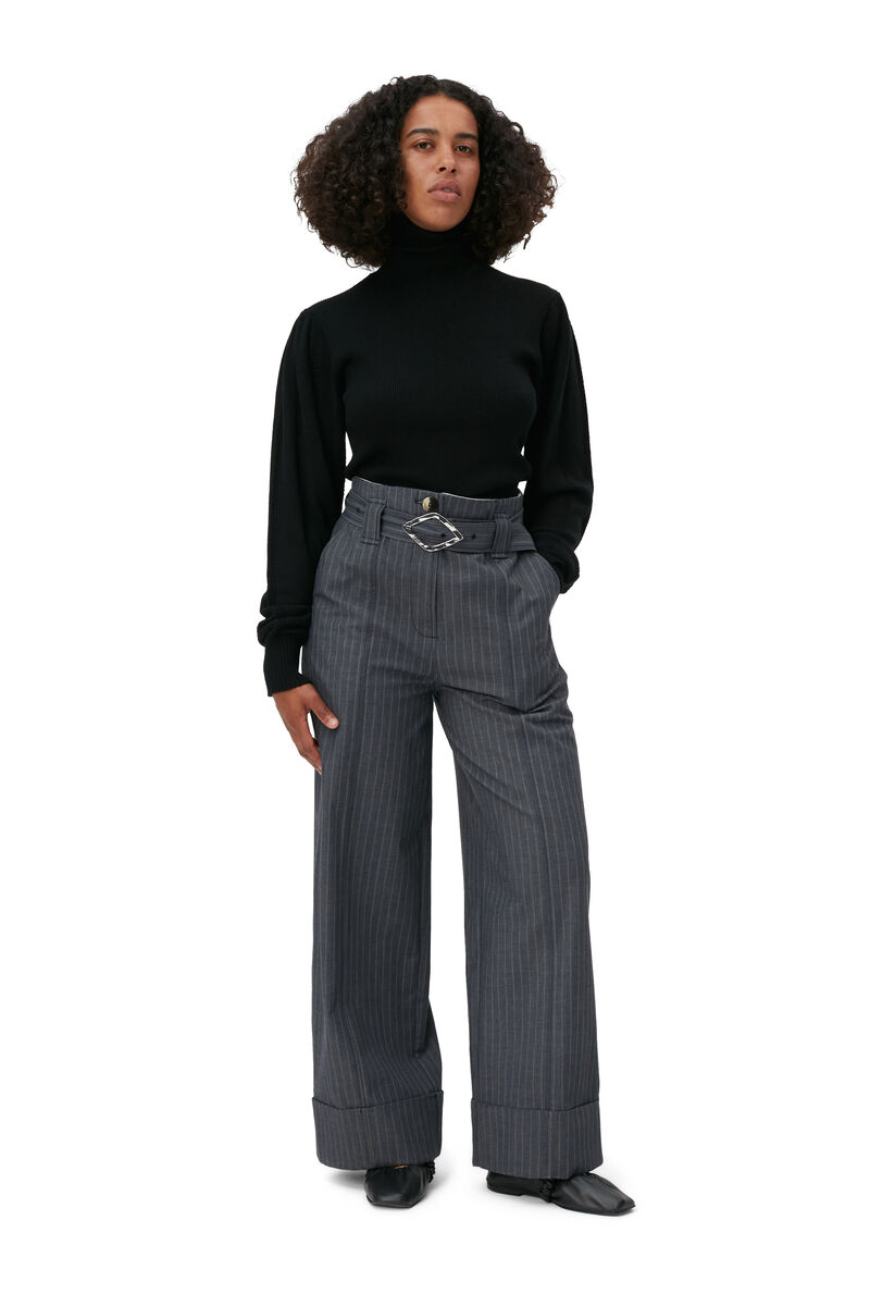 Stripe Wide Leg Pants, Elastane, in colour Sky Captain - 1 - GANNI