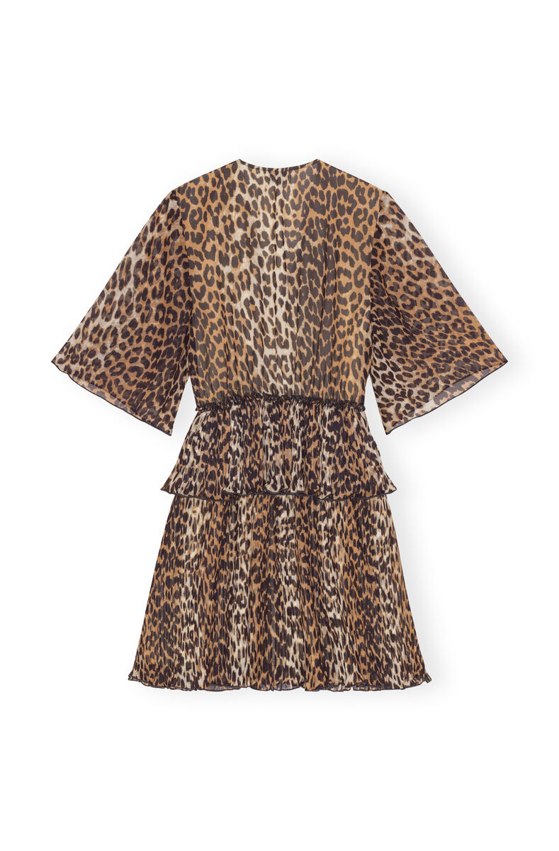 Leopard Pleated Georgette V-neck Flounce Minikjole, Recycled Polyester, in colour Almond Milk - 2 - GANNI