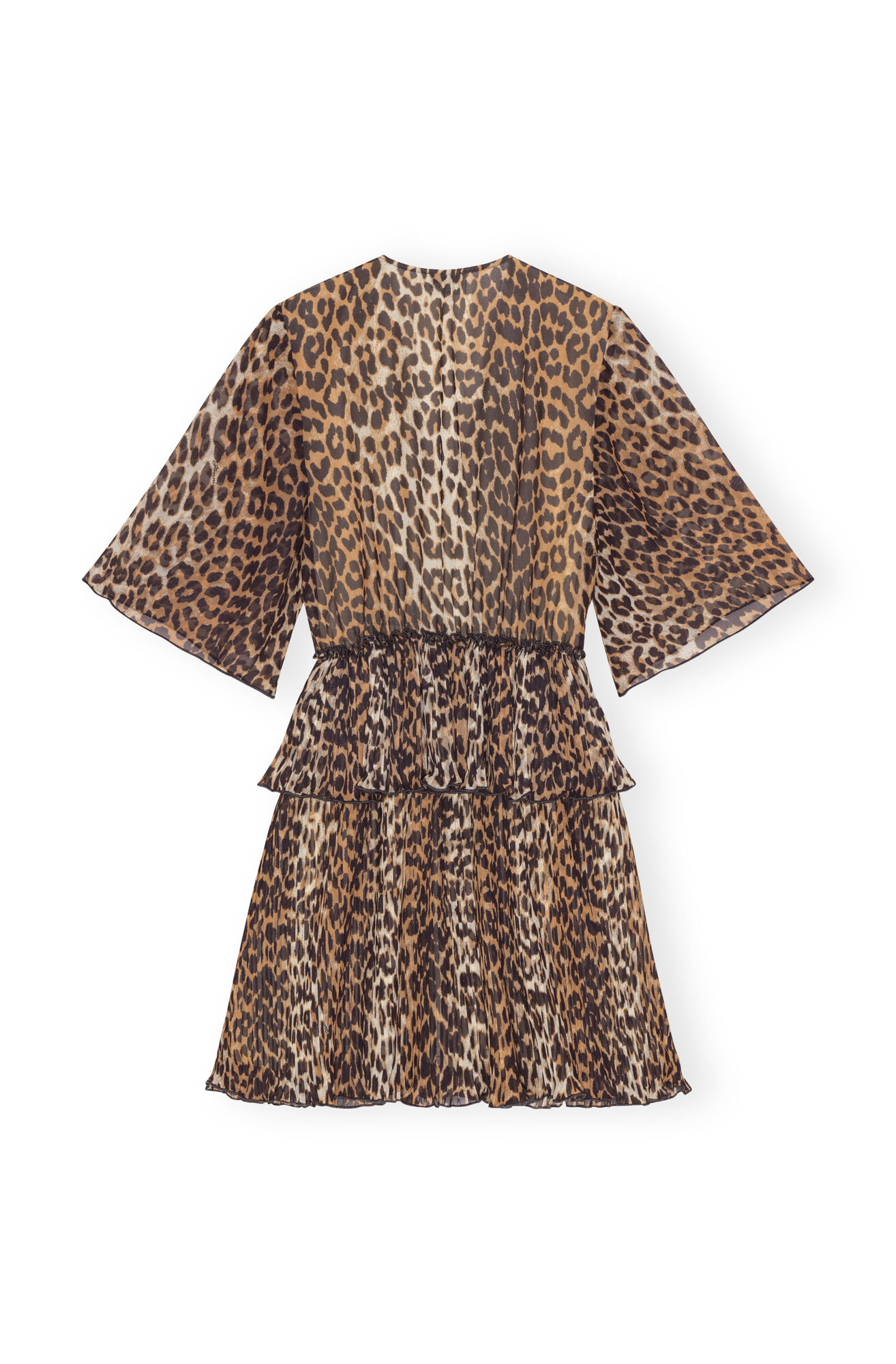 Almond Milk Leopard Pleated Georgette V-neck Flounce Mini Dress