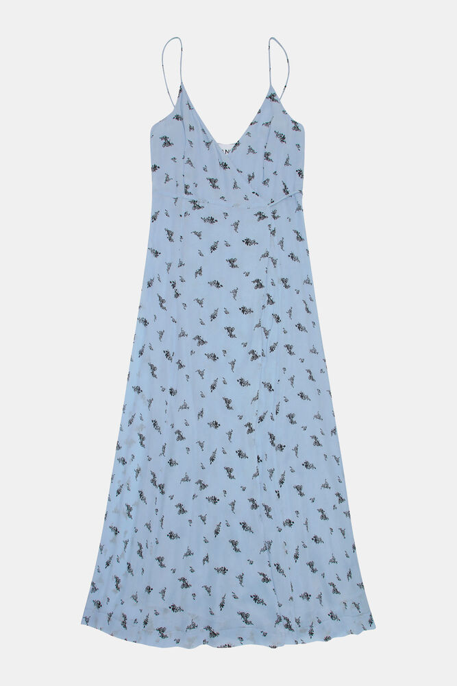 Printed Georgette Strap Wrap Dress, Brunnera Blue
