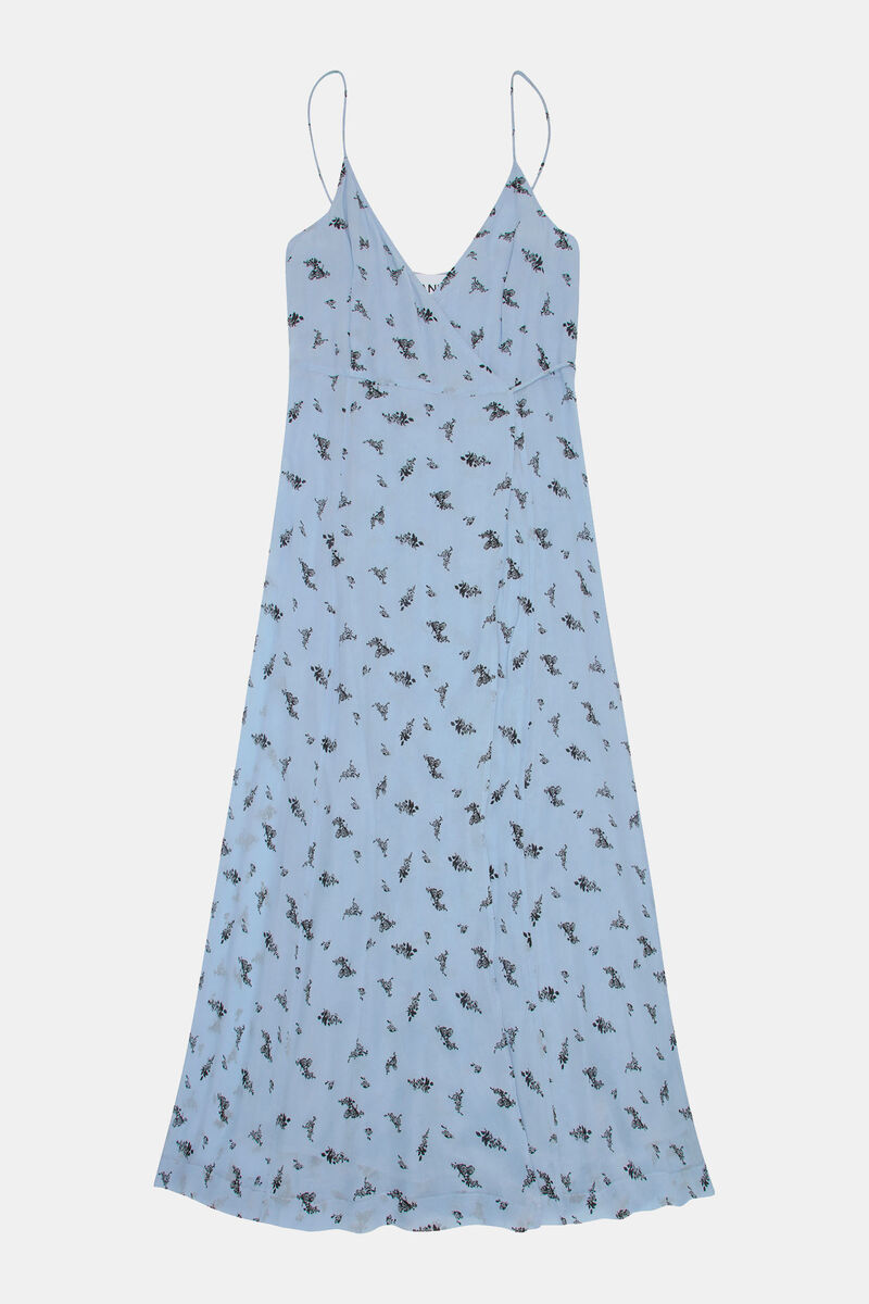 Printed Georgette Strap Wrap Dress, Viscose, in colour Brunnera Blue - 1 - GANNI