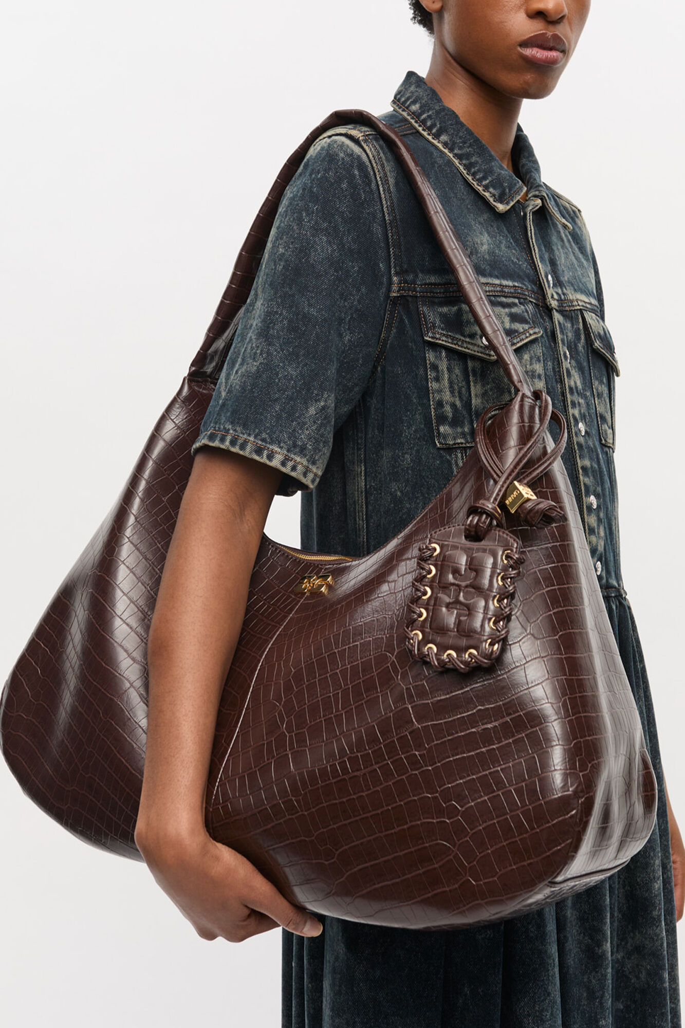 Brown Croco XXL Hobo Bag, Recycled Leather, in colour Chocolate Fondant - 2 - GANNI