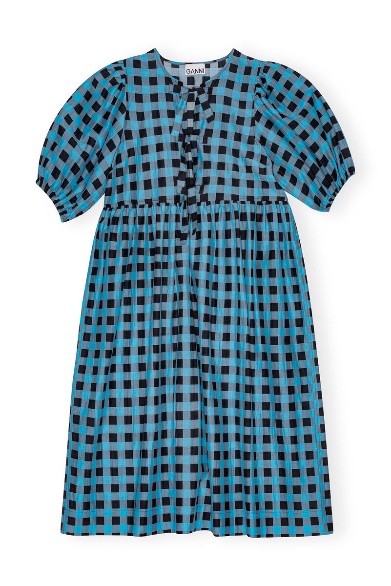 Checkered Cotton Silk Tie Band Midi Dress, Cotton, in colour Alaskan Blue - 1 - GANNI