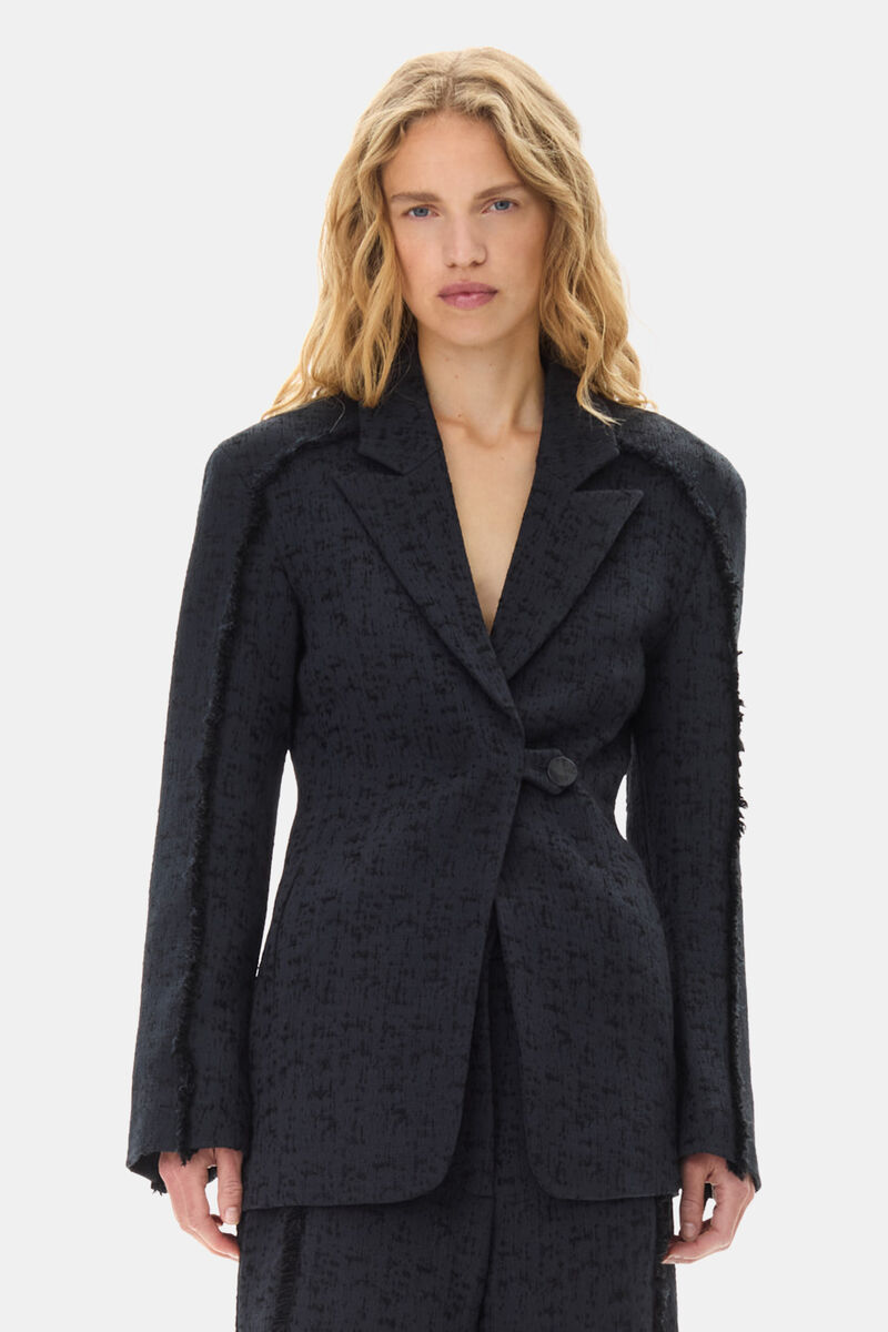 Black Tweed Suiting Blazer, Organic Cotton, in colour Black - 2 - GANNI