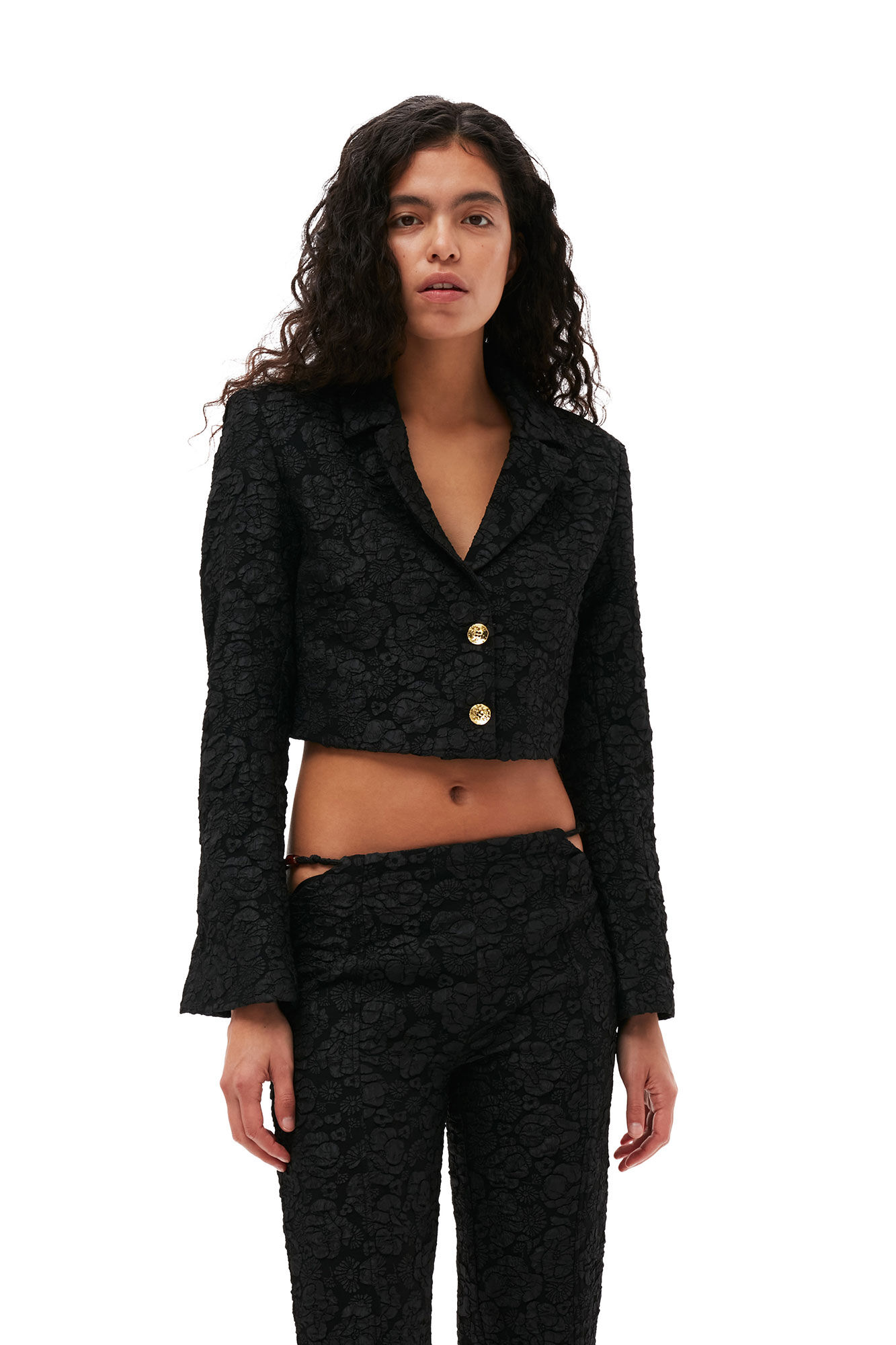 Cropped Blazer with Contrasting Denim Sleeves and Buckle Detail - Khaki main image 1