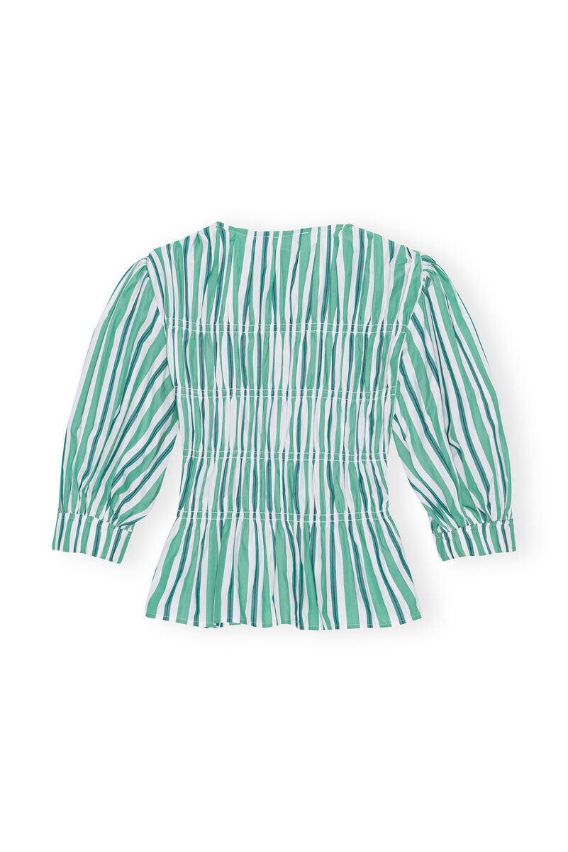 Green Striped V-neckline Fitted Bluse, Cotton, in colour Creme de Menthe - 2 - GANNI