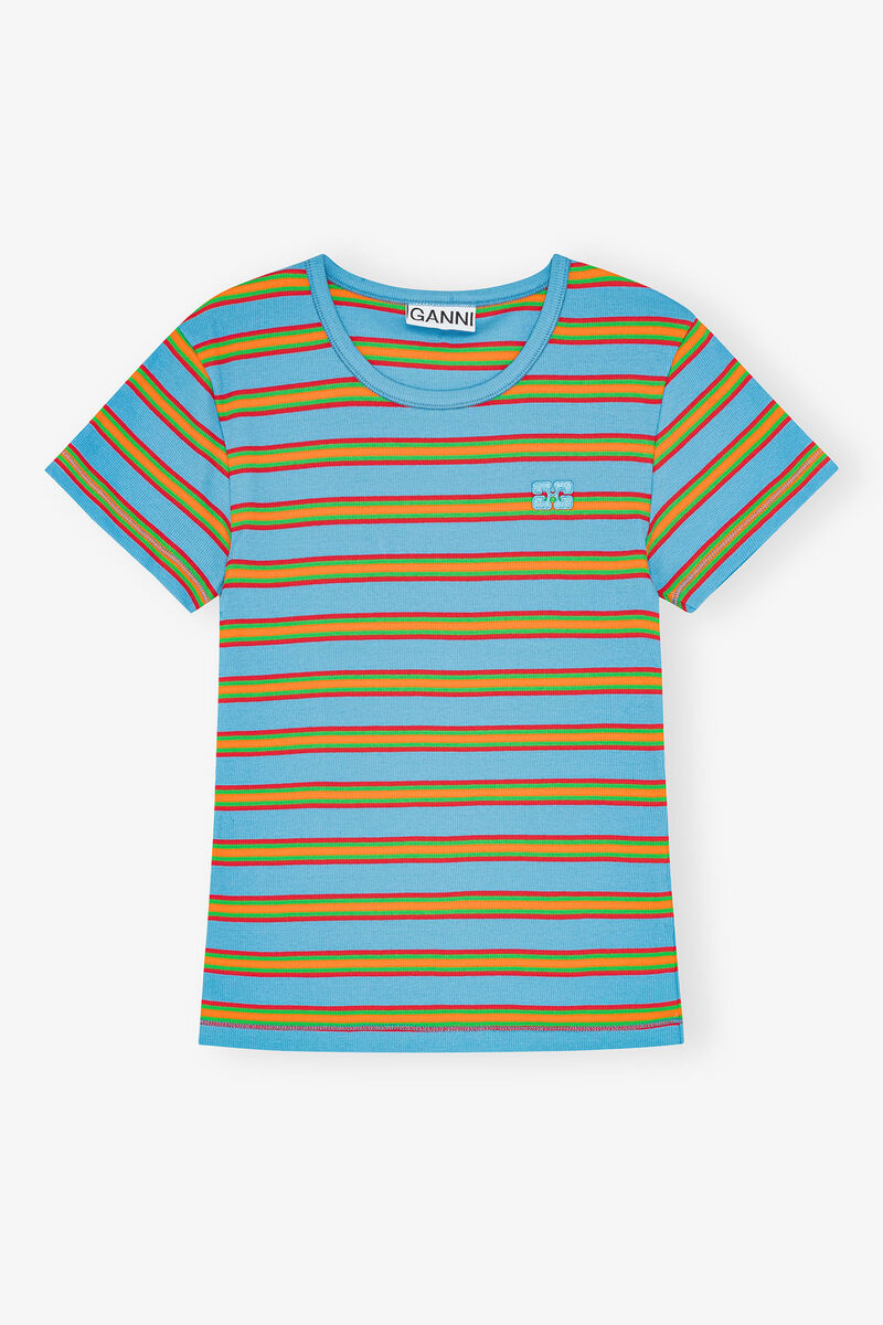 Multicolour Striped Rib T-shirt, Elastane, in colour Multicolour - 1 - GANNI
