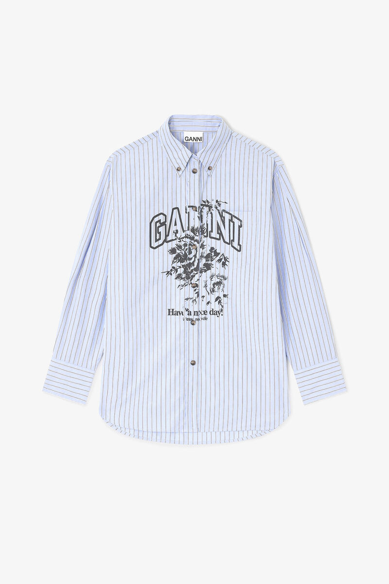 Blå skjorte med striper og logo, Cotton, in colour Lavender Lustre - 1 - GANNI
