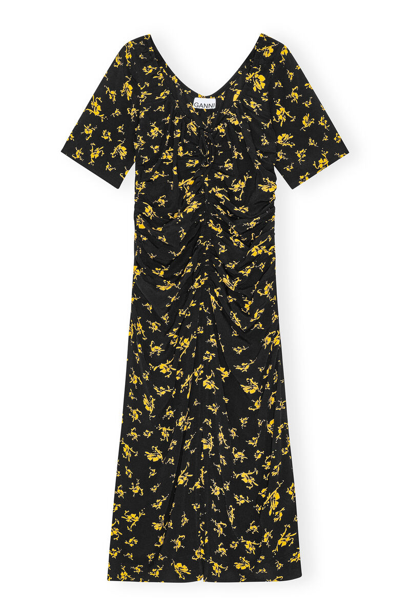 Printed Crepe U-neck Midi Dress, Viscose, in colour Black - 1 - GANNI