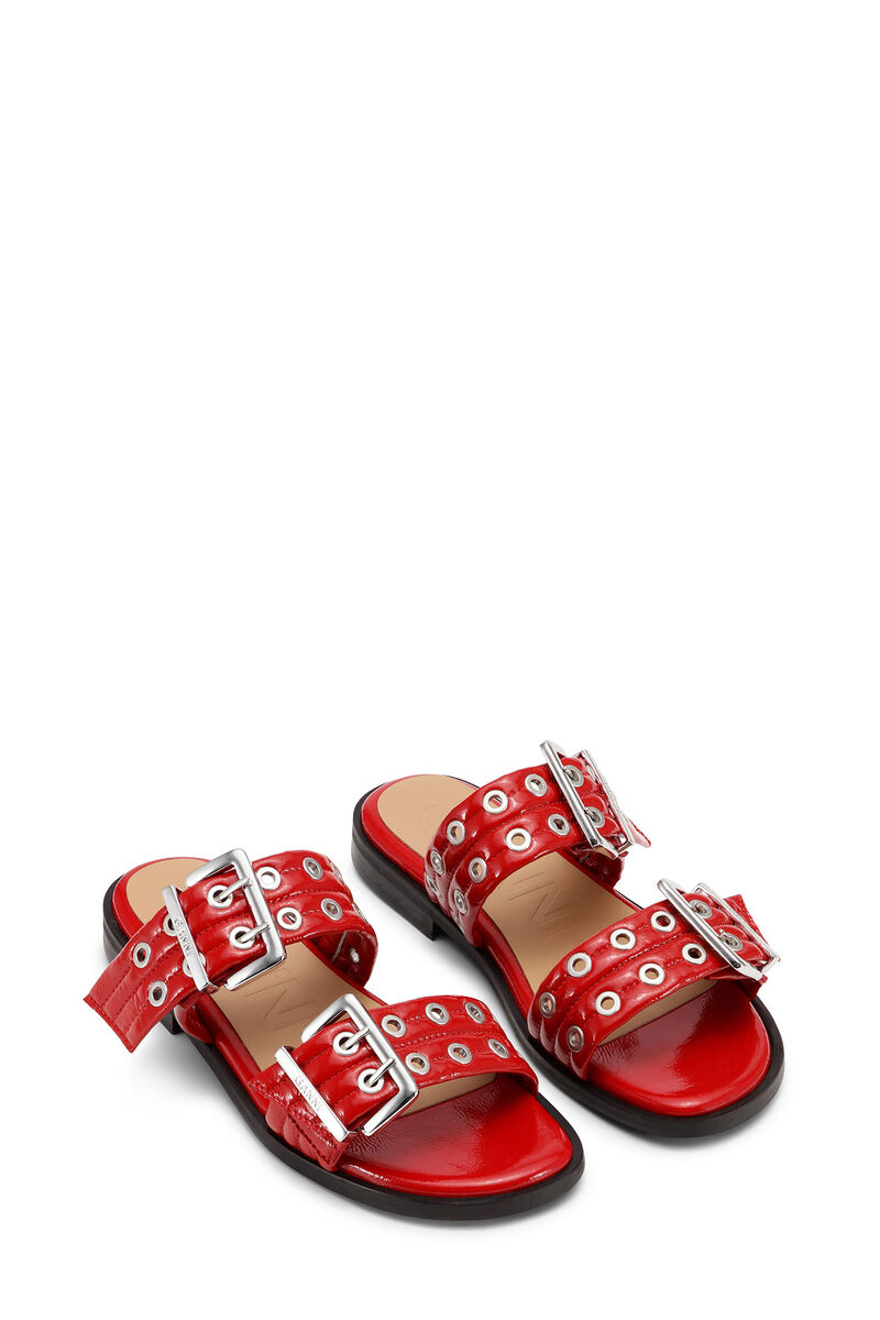 Red Feminine Buckle Two-Strap-sandal, Cotton, in colour Racing Red - 2 - GANNI
