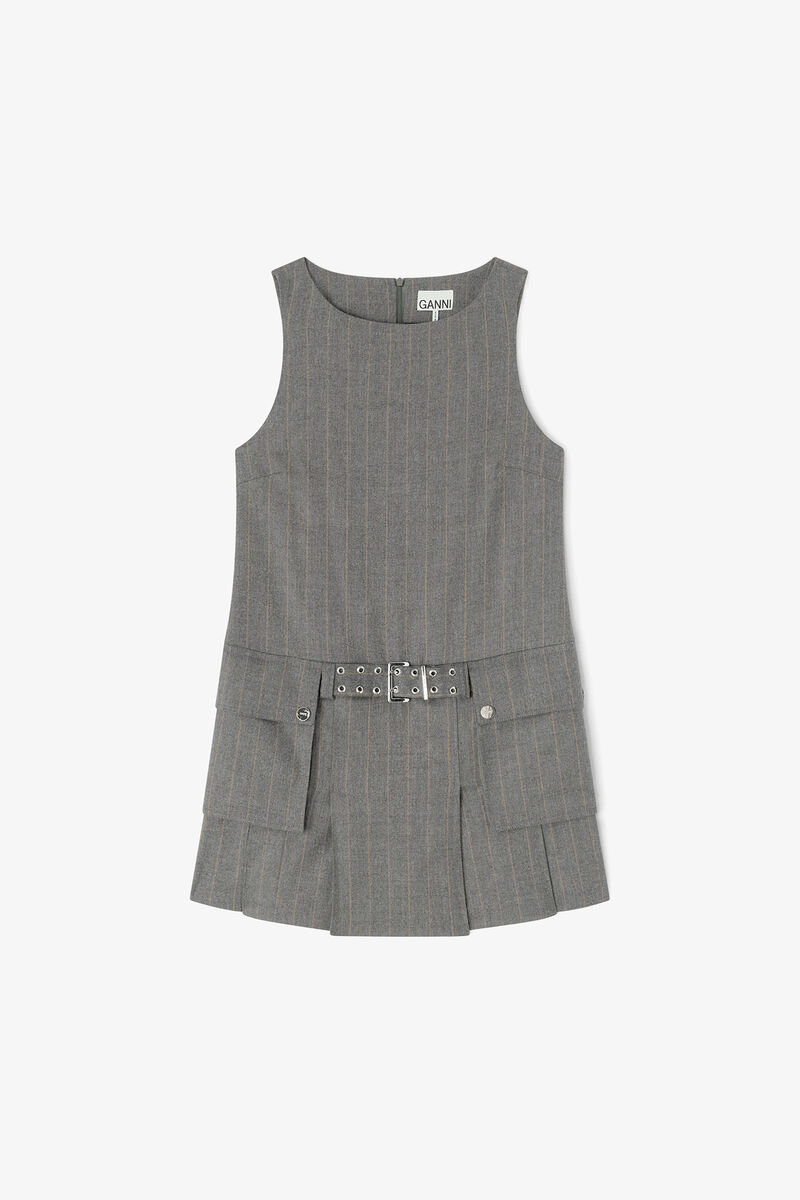 Grey Stripe Belted Mini Dress, Wool, in colour Pewter Melange - 1 - GANNI