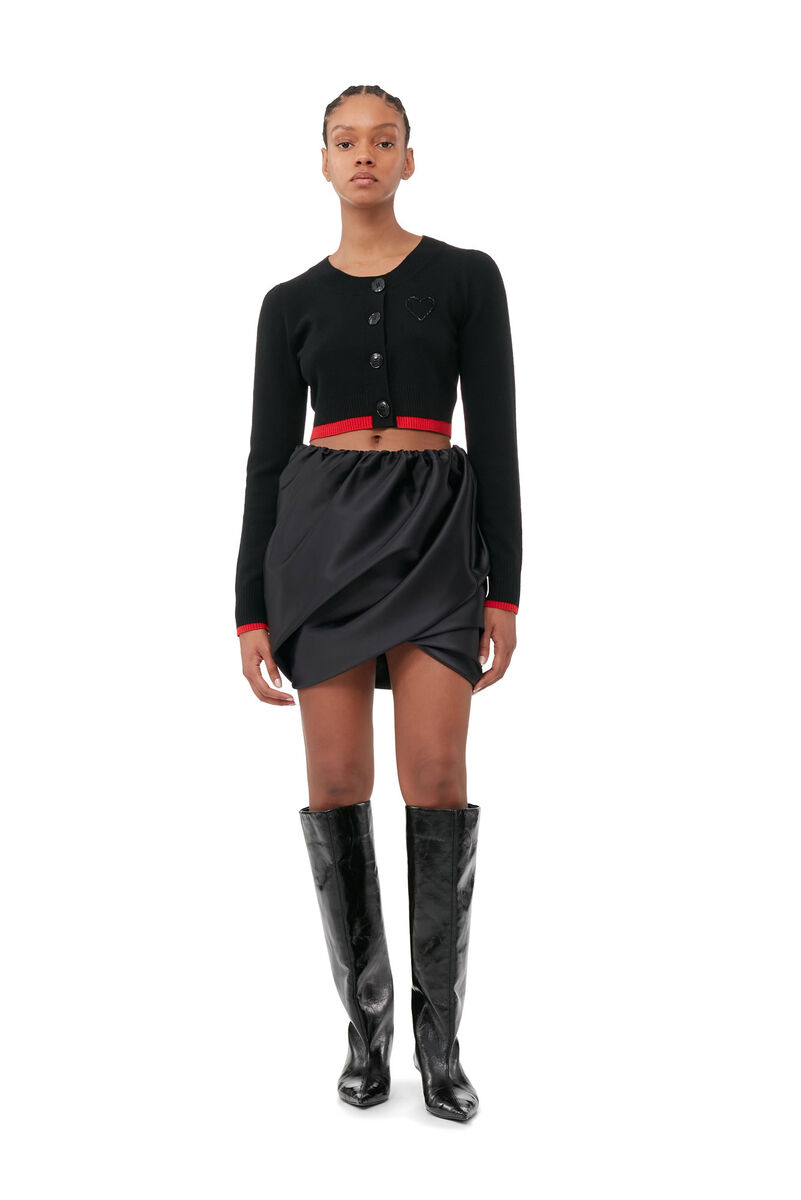 Black Double Satin Mini Skirt, Elastane, in colour Black - 1 - GANNI