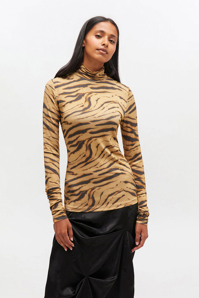 Tiger Print Jersey Turtleneck, Khaki
