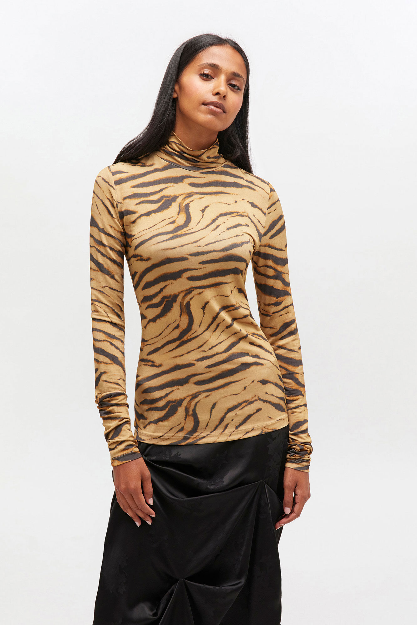Tiger Print Jersey Turtleneck, Elastane, in colour Khaki - 1 - GANNI