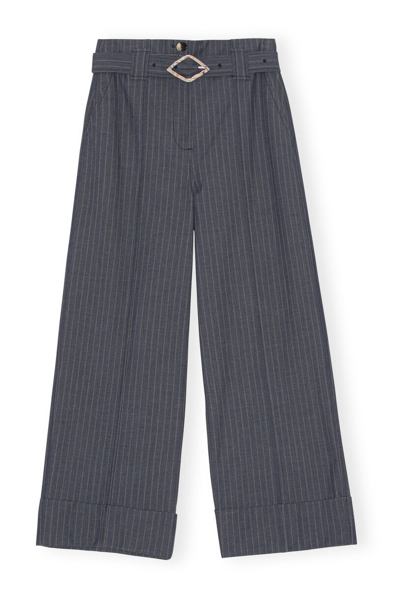 Stripe Wide Leg Pants, Elastane, in colour Sky Captain - 1 - GANNI
