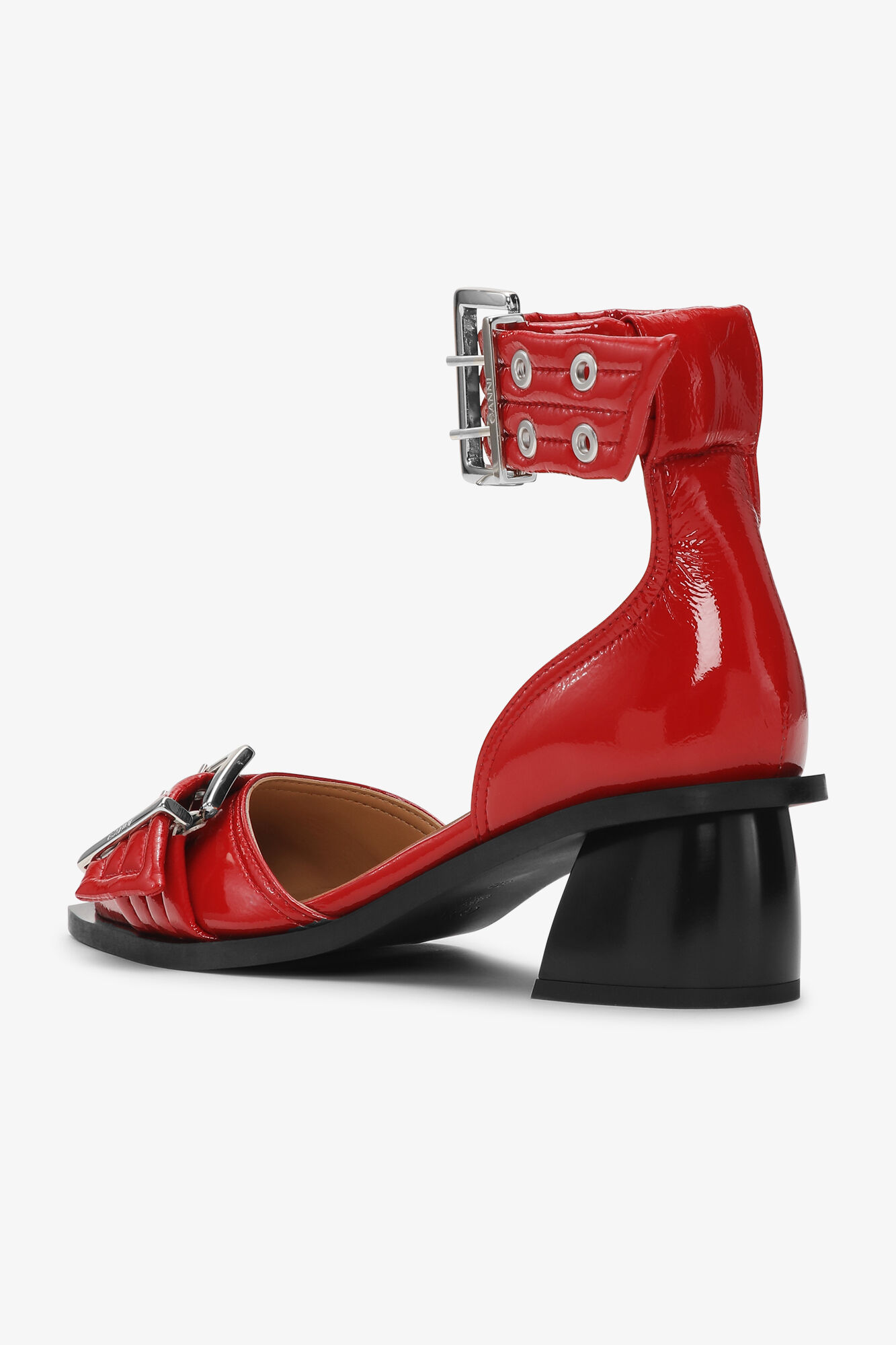 Red Feminine Buckle Open Cut Pumps, Polyurethane, in colour Racing Red - 3 - GANNI