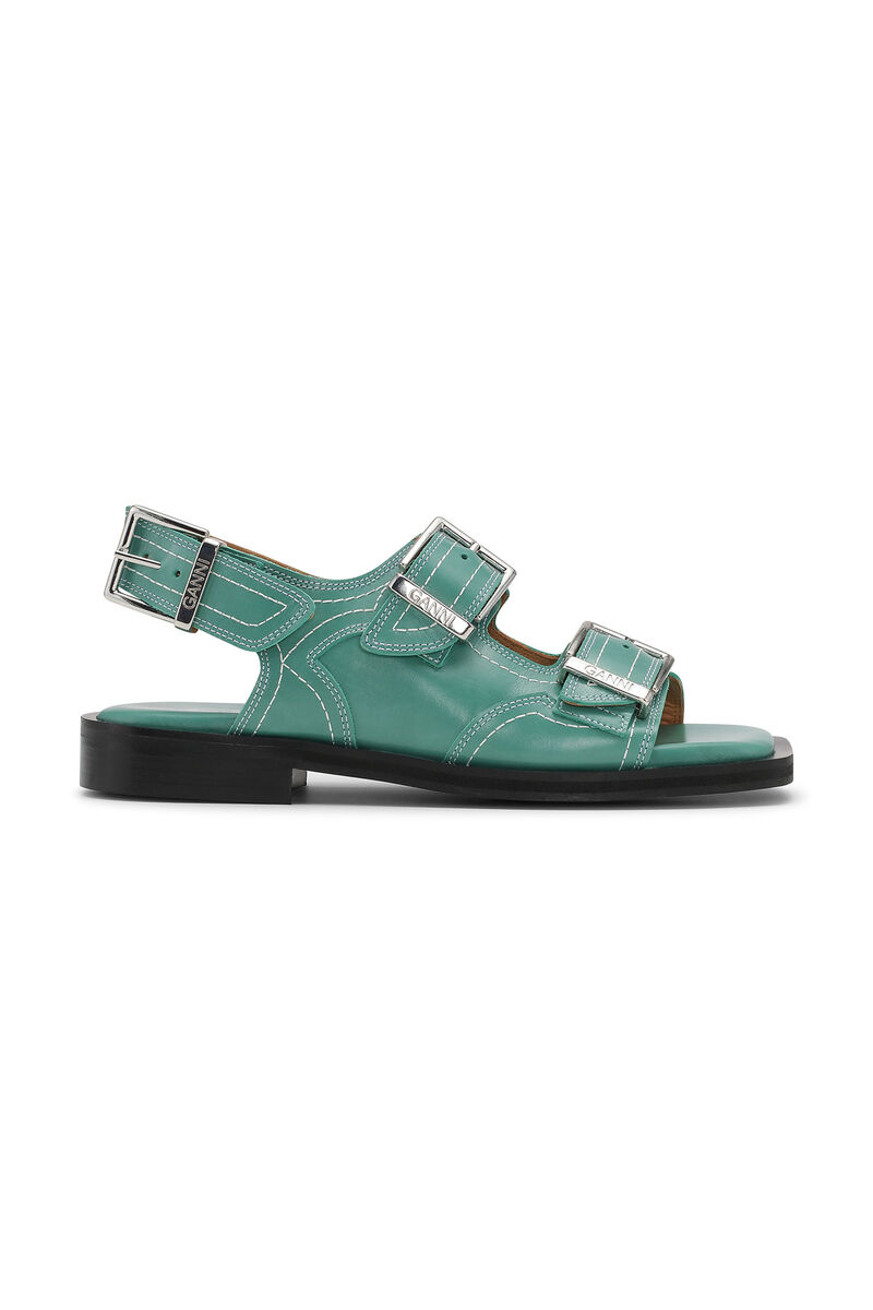 Embroidered Western Sandals, Calf Leather, in colour Bottle Green - 1 - GANNI