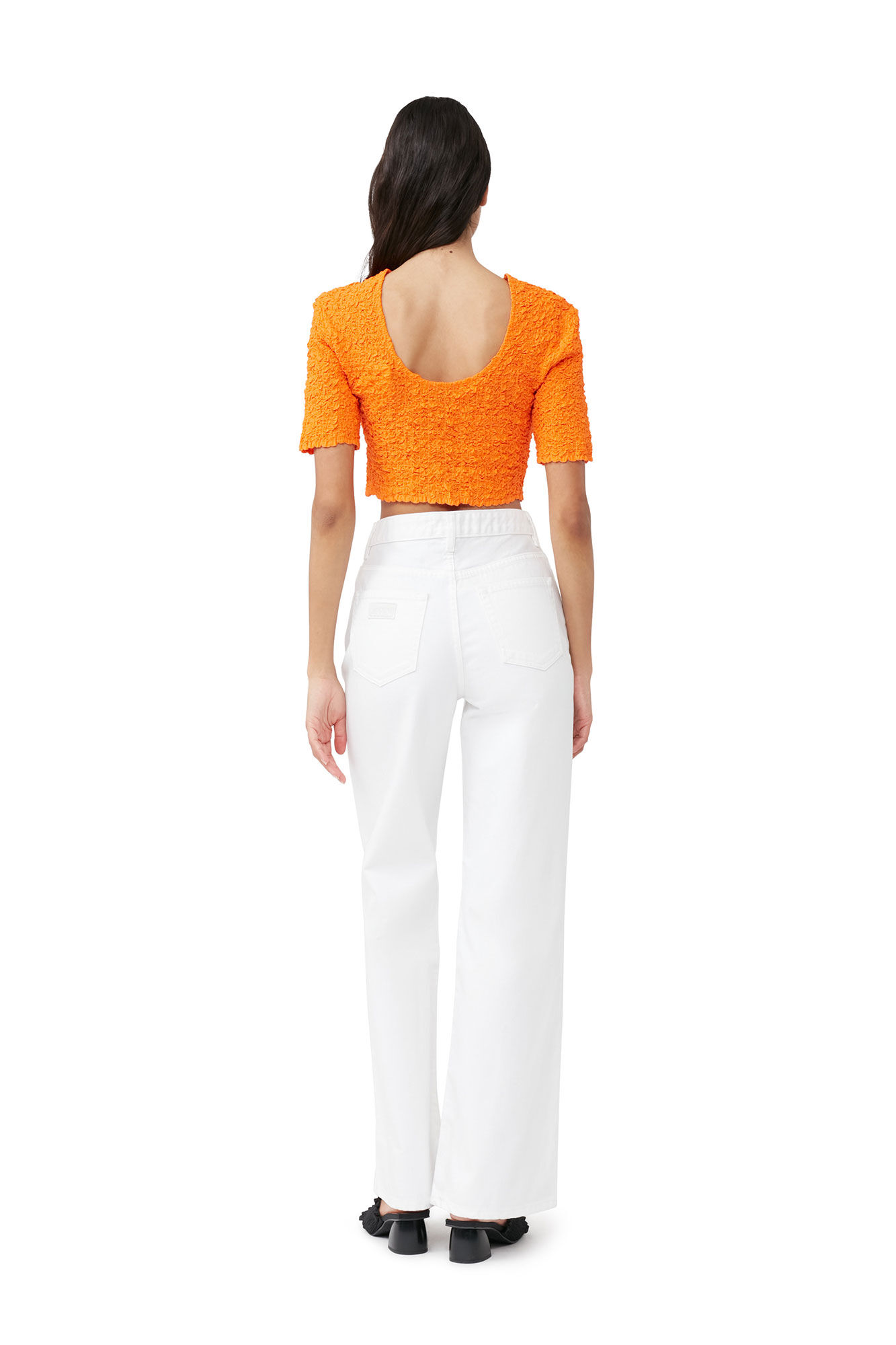 Orange Cotton Poplin Cropped Smock Top, Cotton, in colour Vibrant Orange - 4 - GANNI