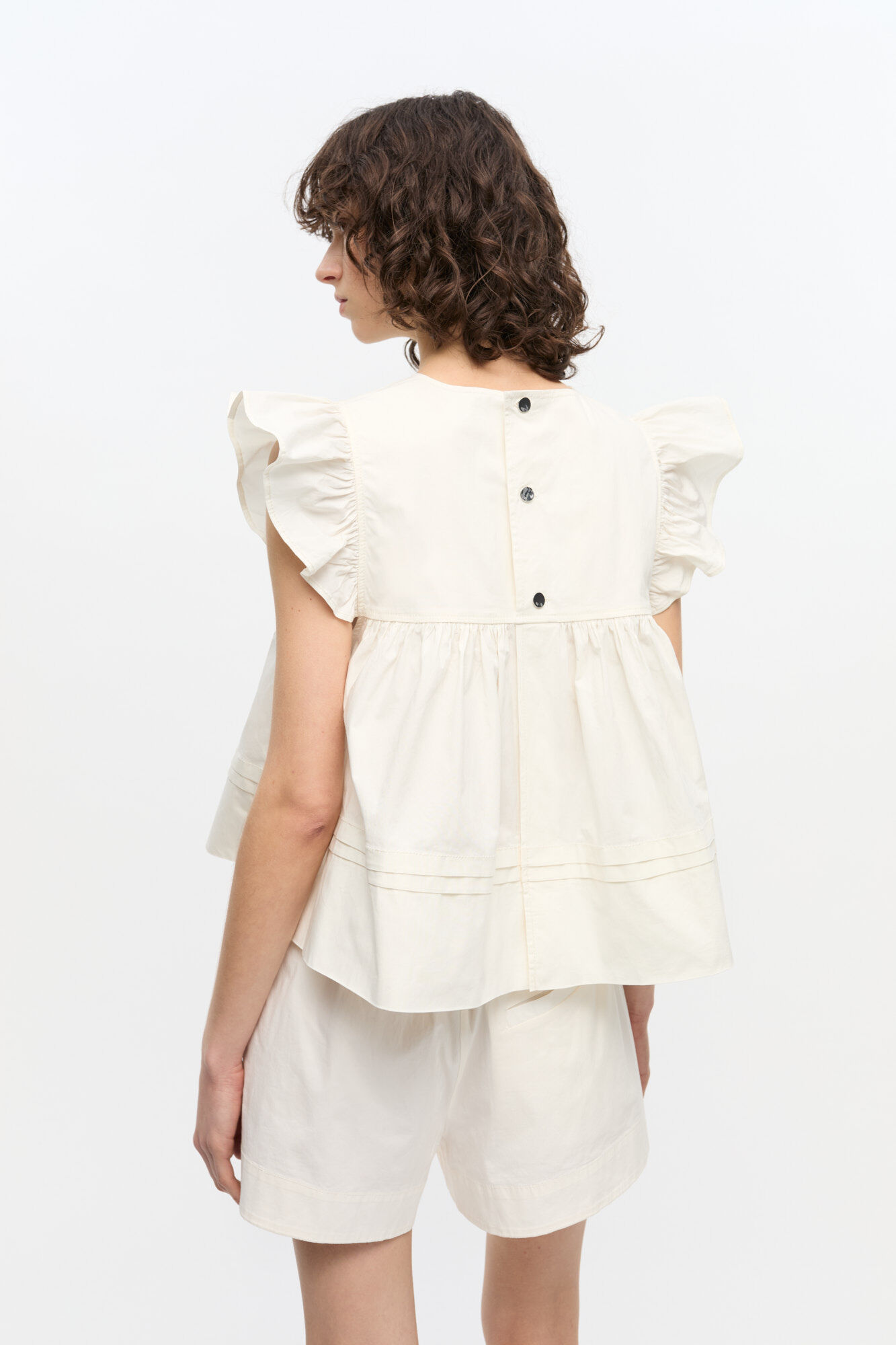 White Stretch Cotton Frill Sleeve Top, Elastane, in colour Egret - 3 - GANNI