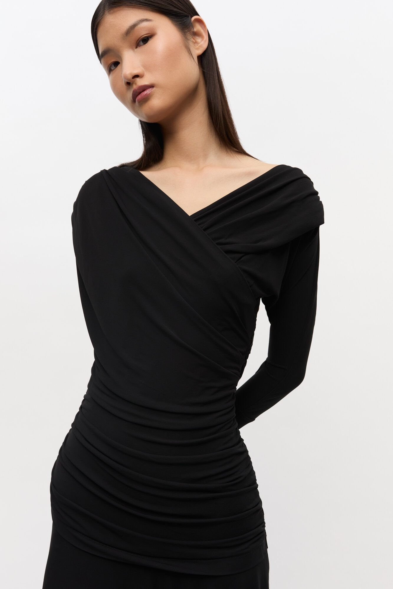 Black Ruched Dress, Viscose, in colour Black - 3 - GANNI