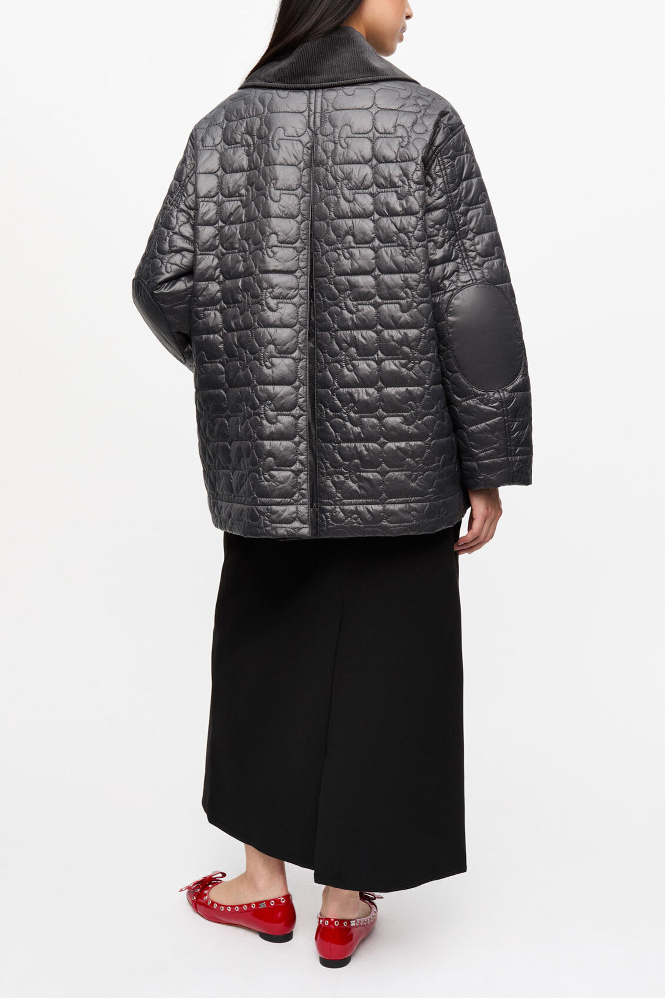 Black Shiny Quilt Midi Jacket, Recycled Nylon, in colour Phantom - 2 - GANNI