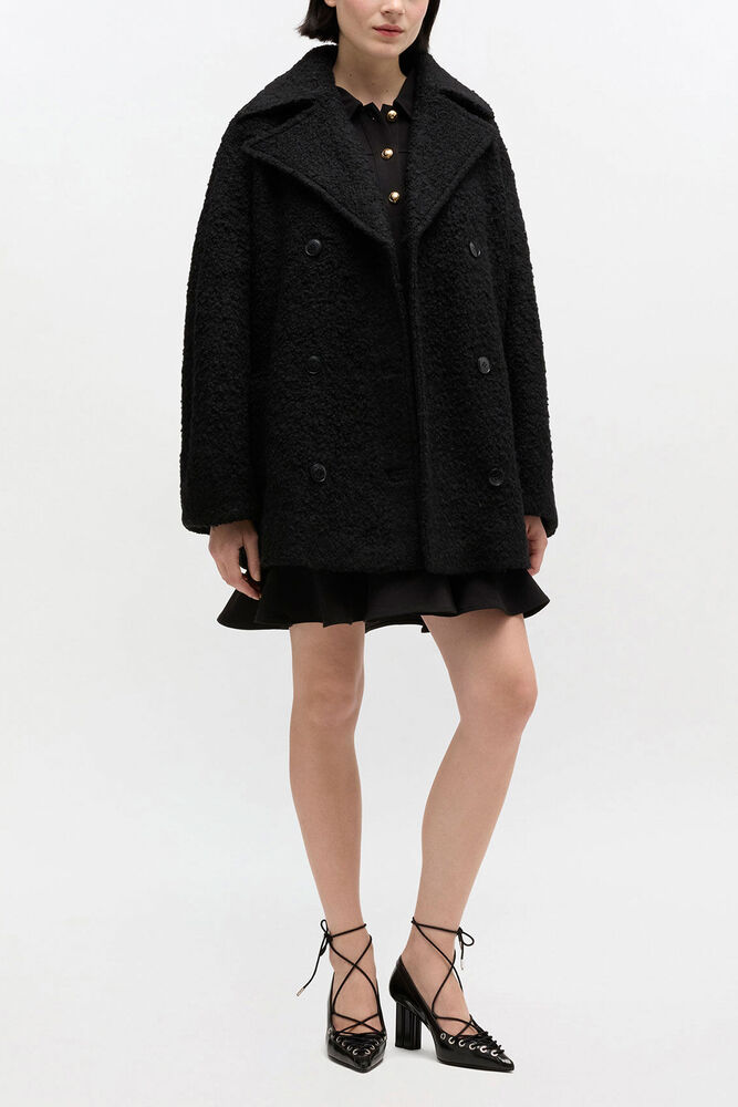 Manteau midi noir &agrave; boucle, Black