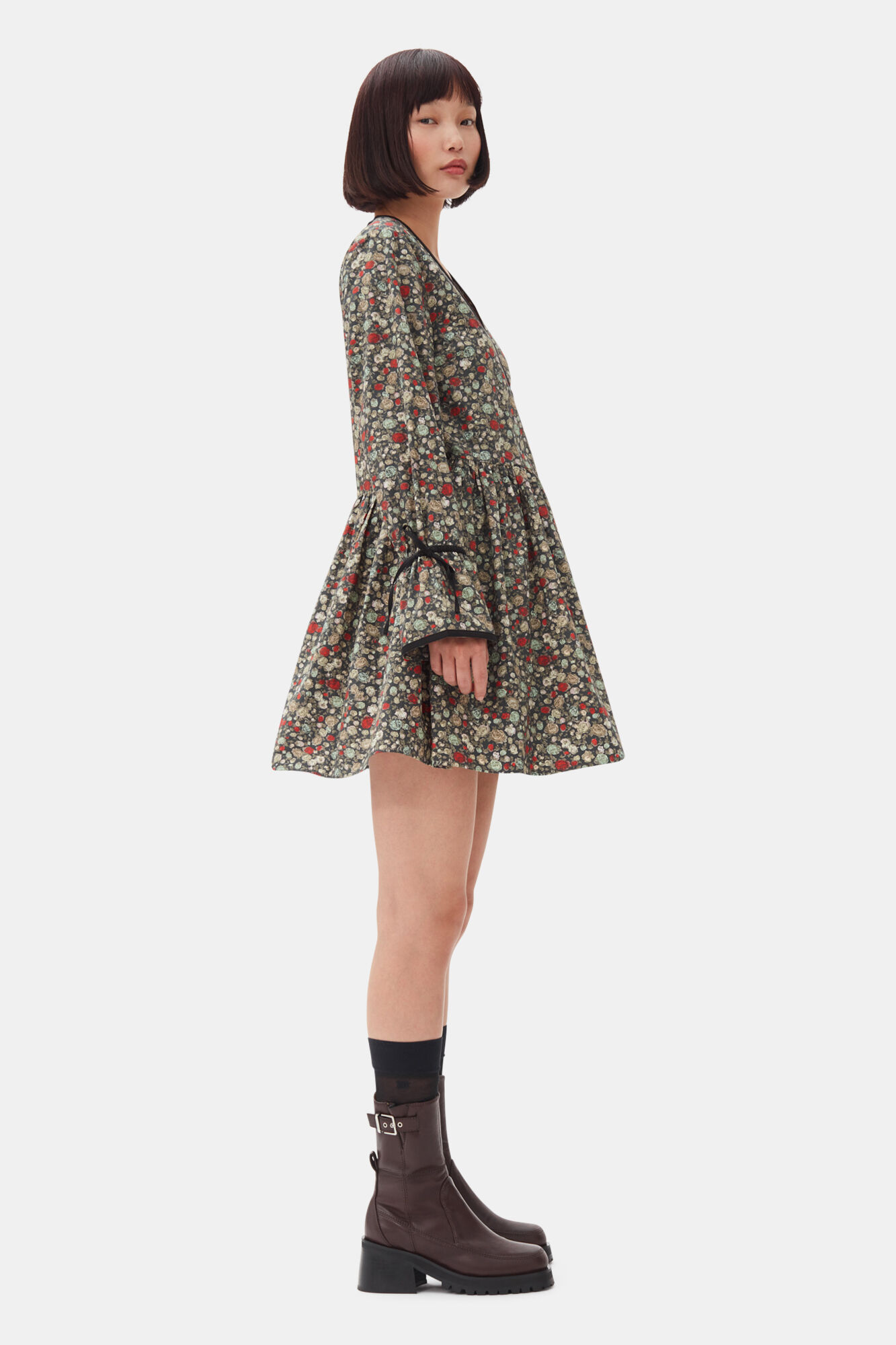 Floral Printed Wrap Dress, Cotton, in colour Black Sand - 3 - GANNI
