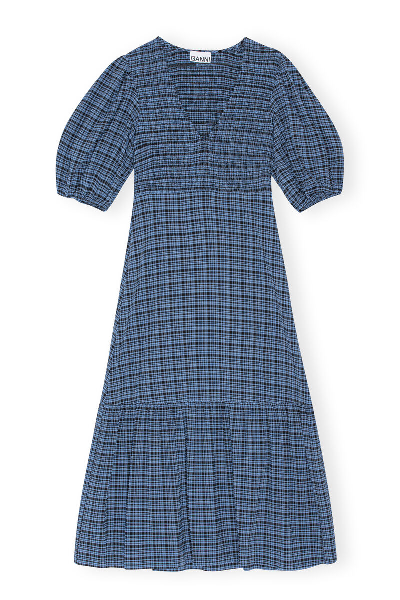 Seersucker Midi Dress, Elastane, in colour Mini Check Granada Sky - 1 - GANNI
