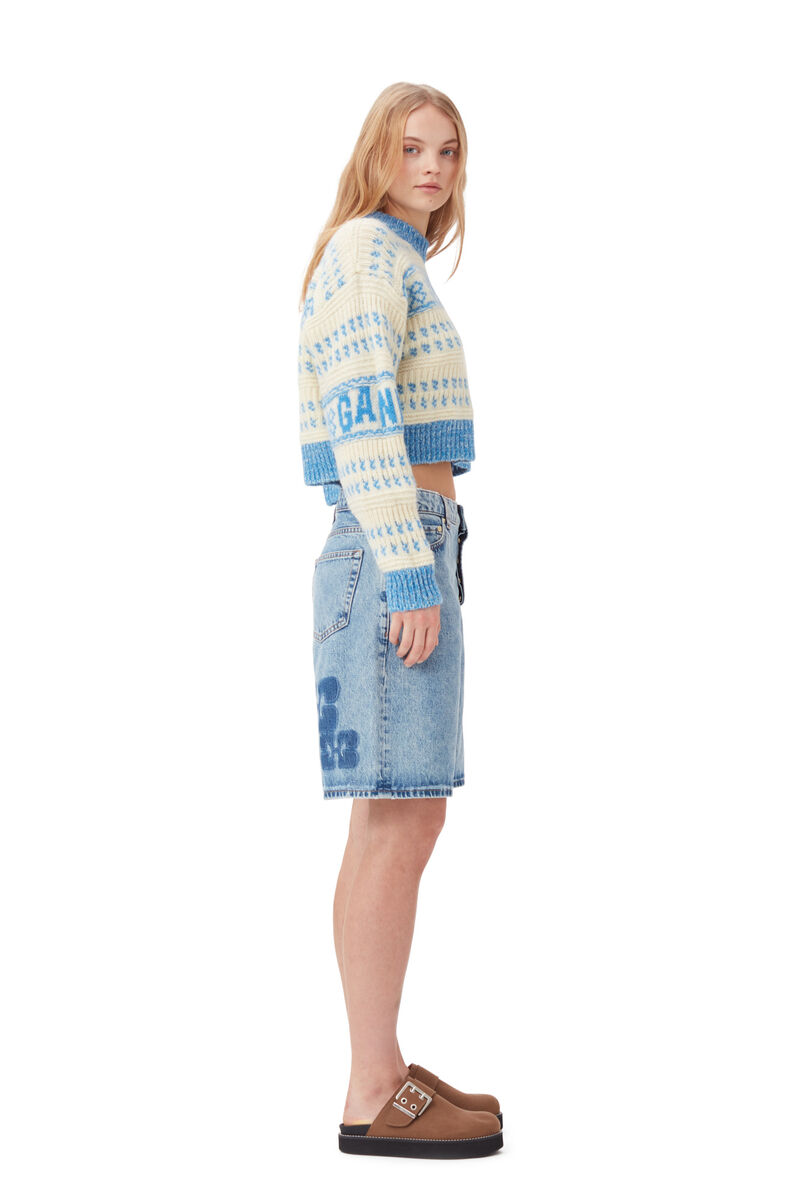 Pull Blue Lambswool Cropped O-neck, Organic Wool, in colour Strong Blue - 3 - GANNI