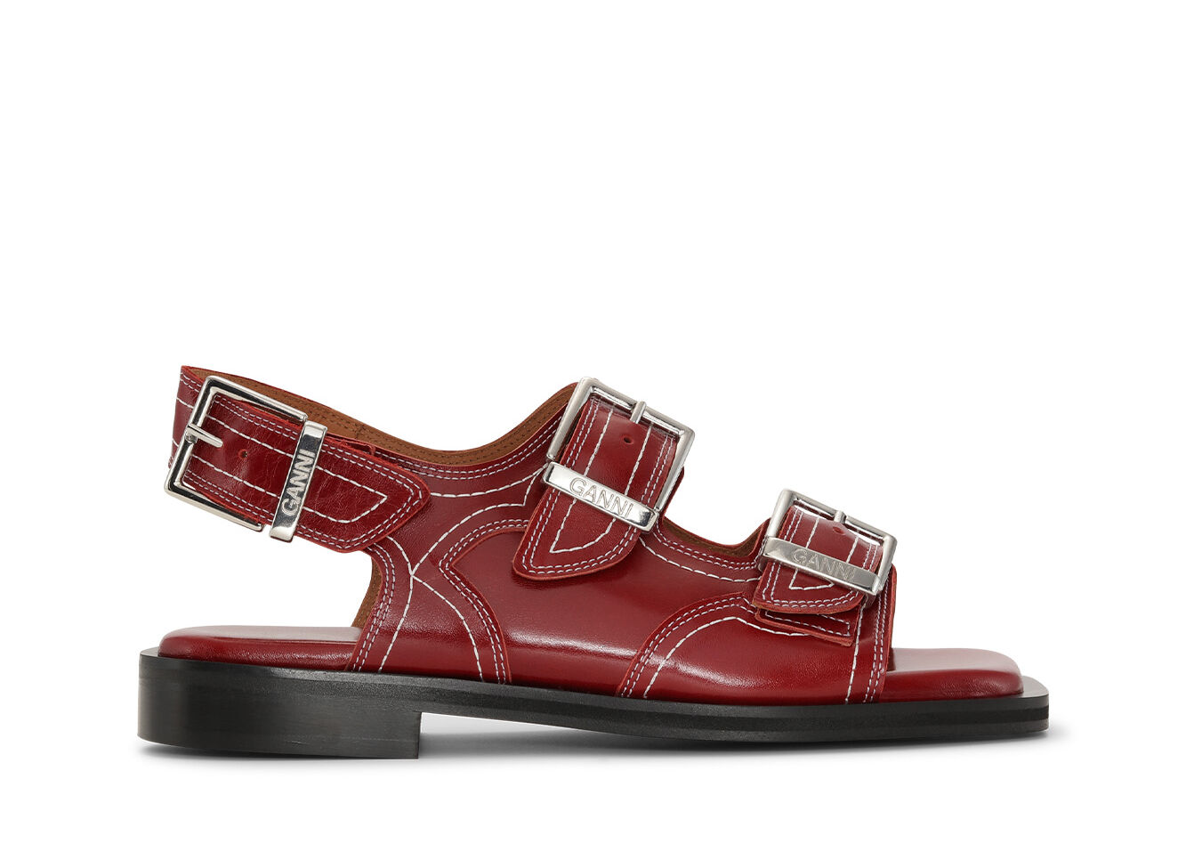 Embroidered Western Sandals, Calf Leather, in colour Barbados Cherry - 1 - GANNI