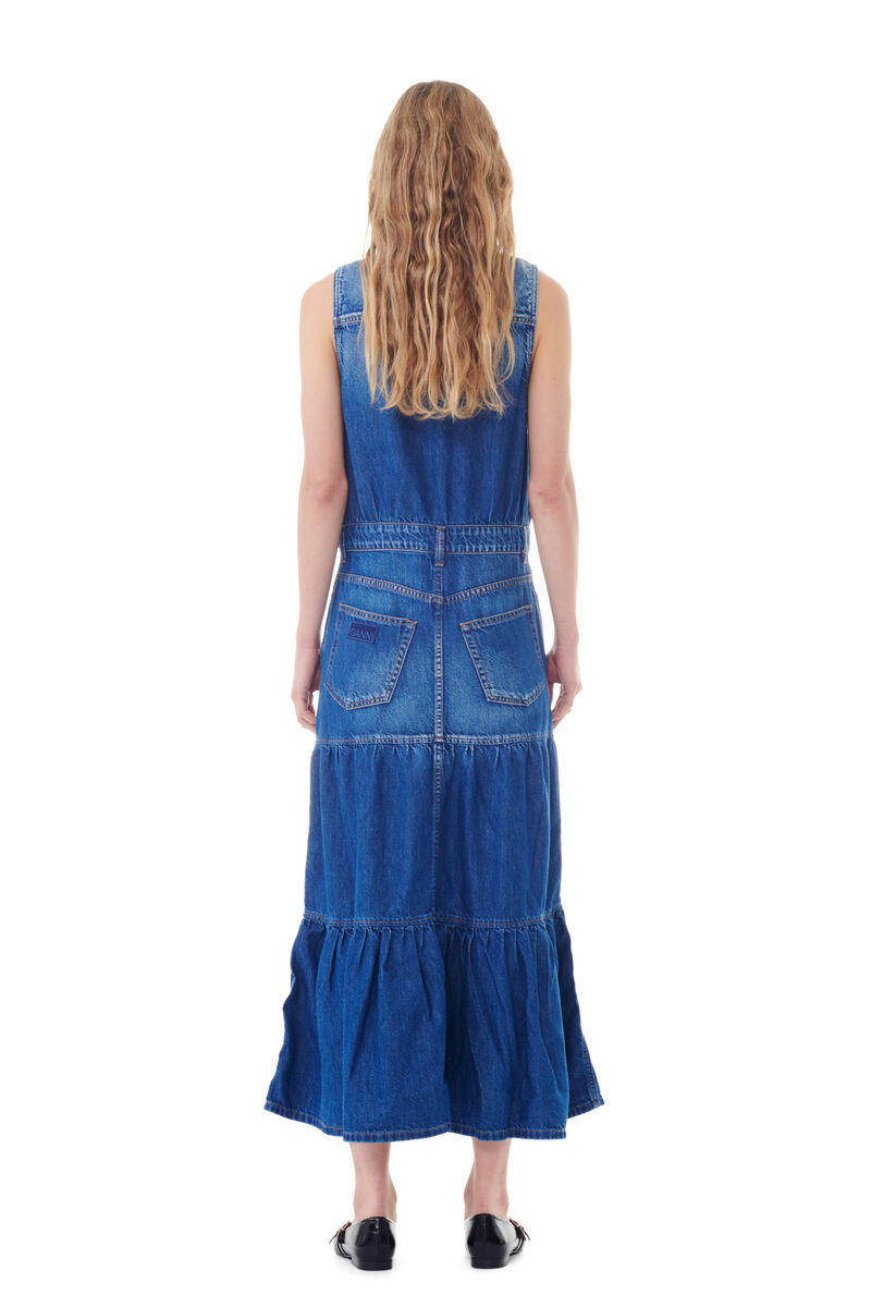 Blue Denim Long Dress, Lyocell, in colour Mid Blue Vintage - 4 - GANNI