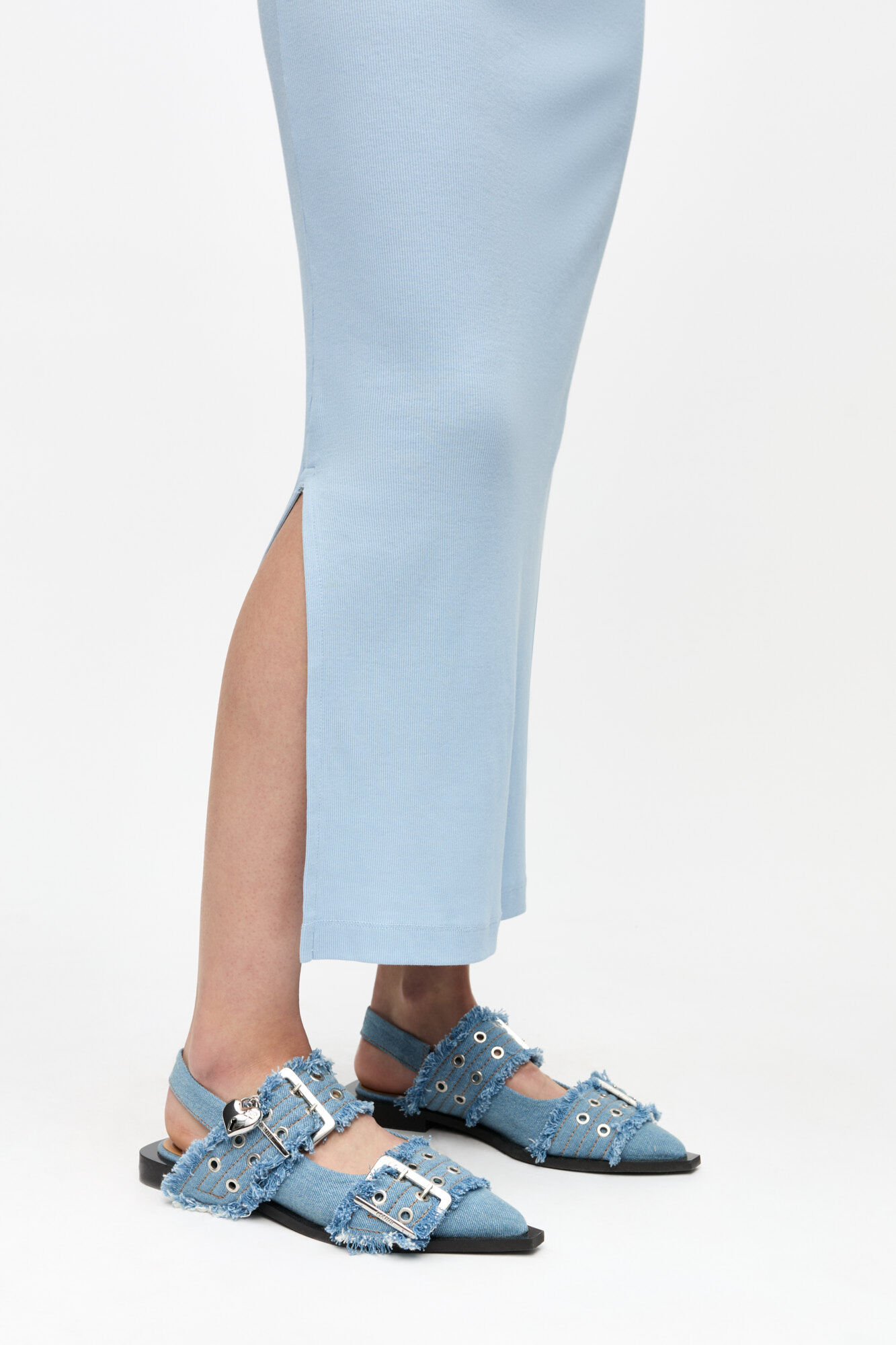 Feminine Buckle Ballerinas in Denim with Charms, Recycled Cotton, in colour Faded Denim - 2 - GANNI