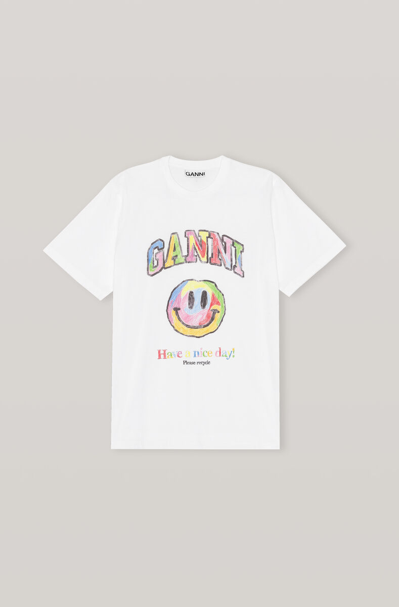 Basic Cotton Jersey T-shirt, Smiley, Cotton, in colour Bright White - 1 - GANNI
