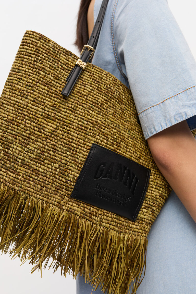 Raffia Tote Fringes Bag Small, in colour Spinach Green - 4 - GANNI
