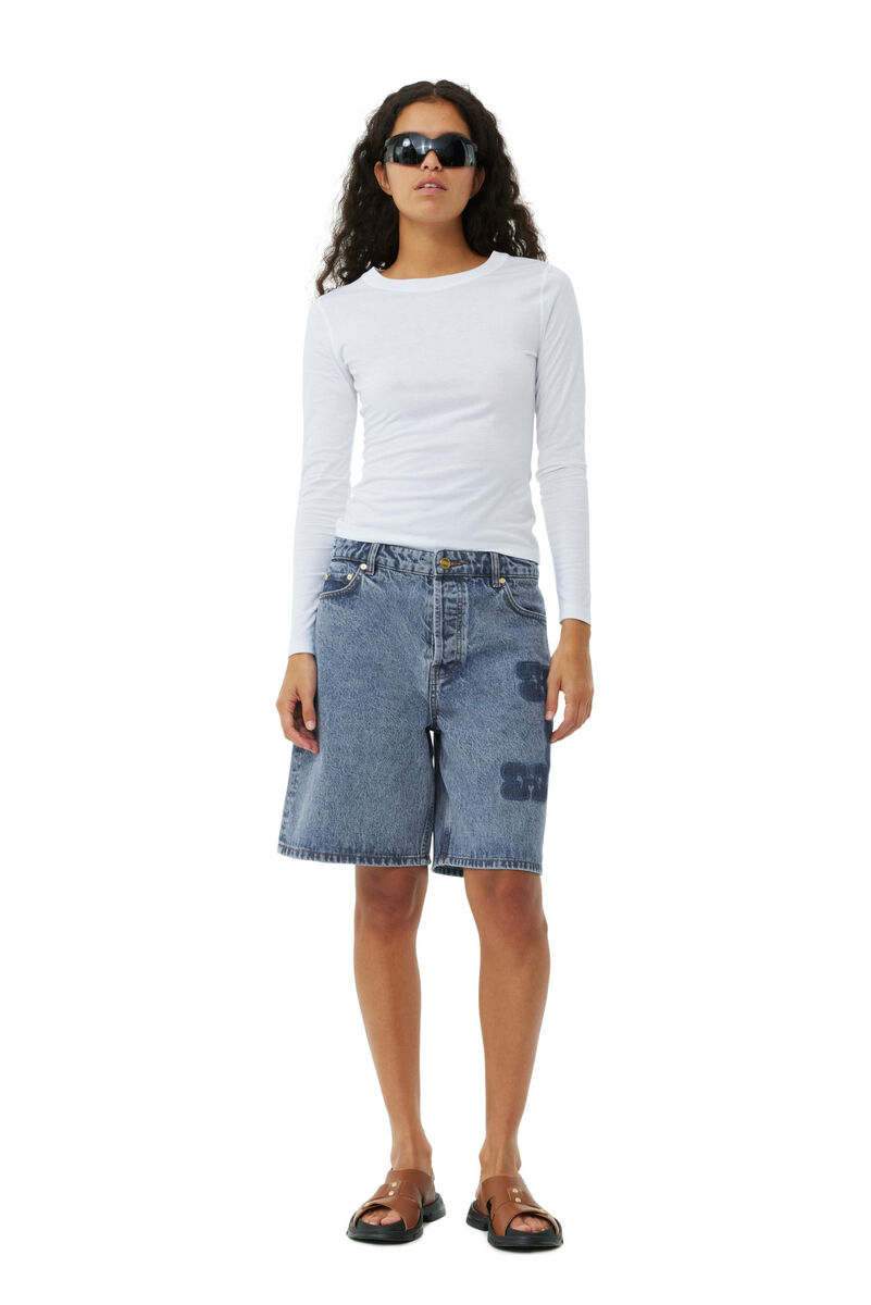 Patch Denim-shorts, Cotton, in colour Mid Blue Stone - 1 - GANNI