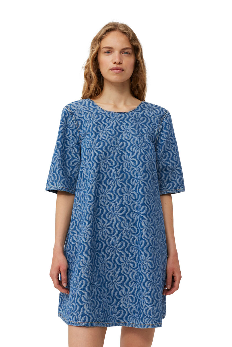 Blue Jacquard Denim A-line Mini-kjole, Cotton, in colour Mid Blue Stone - 4 - GANNI