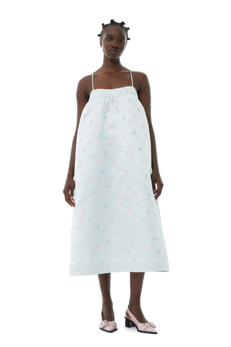 Floral Sateen Jacquard Midi Strap-kjole, Polyester, in colour Tofu - 1 - GANNI