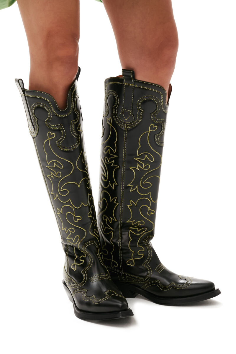 Knee-High Embroidered Western Boots, Calf Leather, in colour Black/Yellow - 1 - GANNI