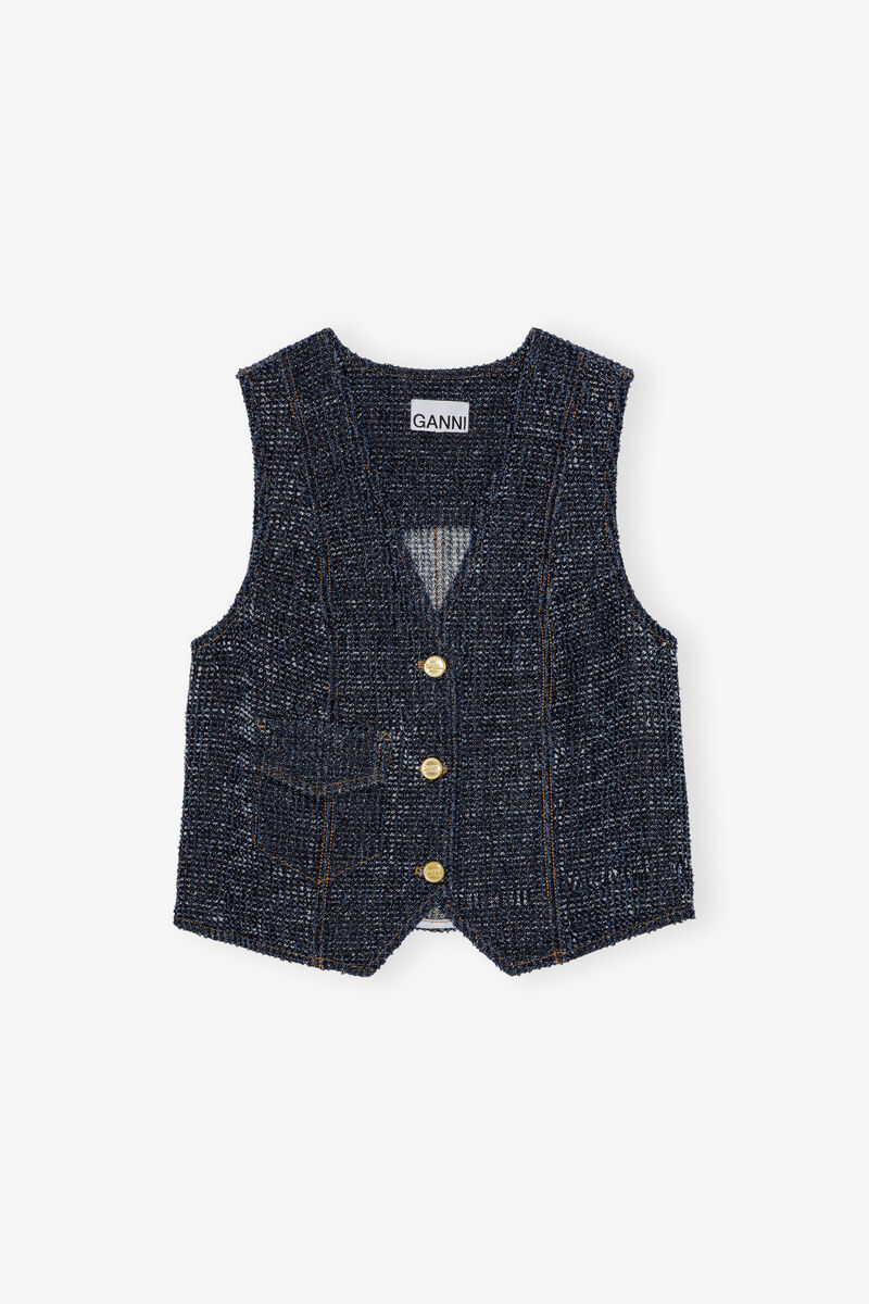 Dark Blue Textured Vest, Cotton, in colour Rinse - 1 - GANNI