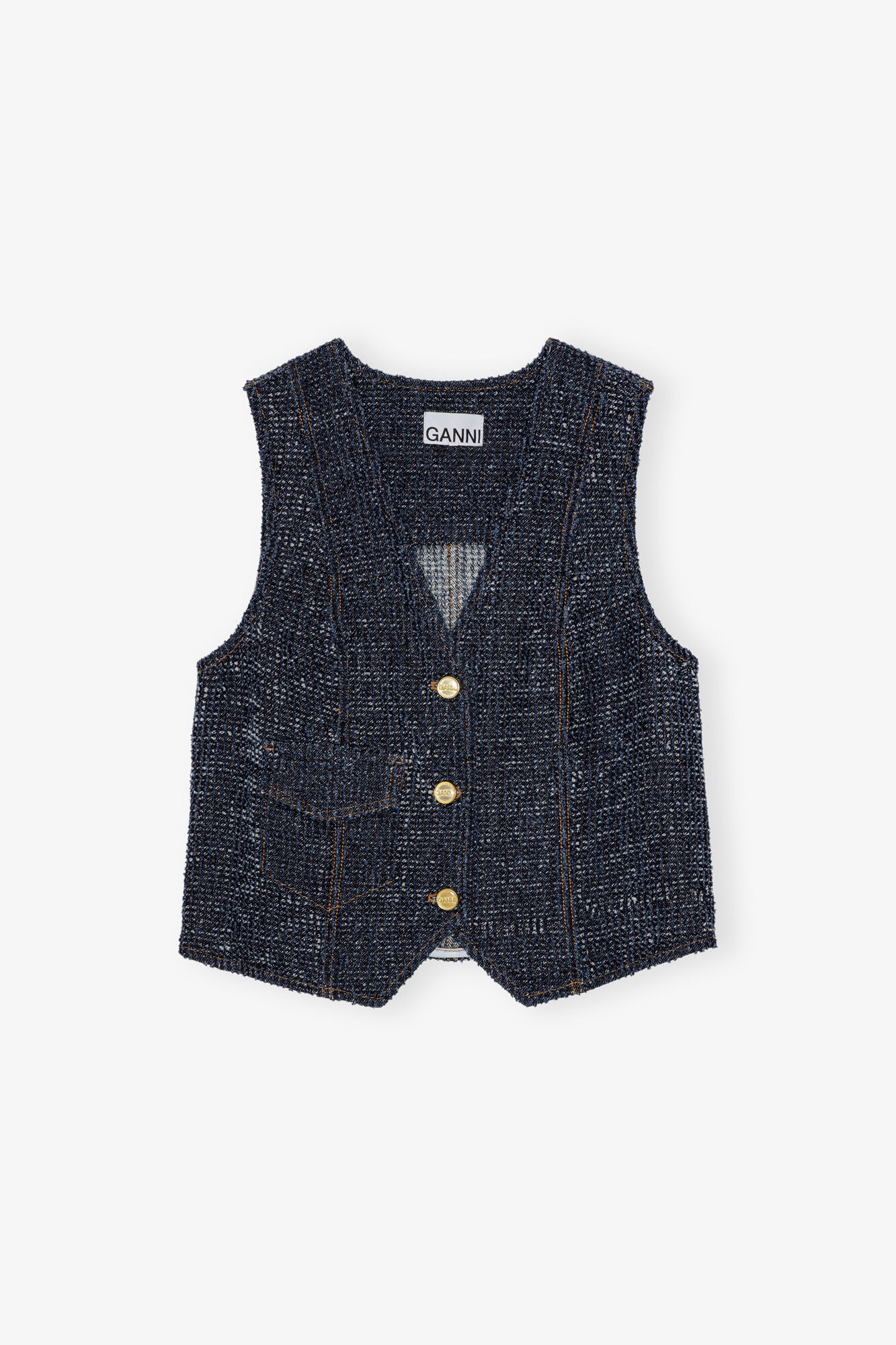 Dark Blue Textured Vest, Cotton, in colour Rinse - 1 - GANNI