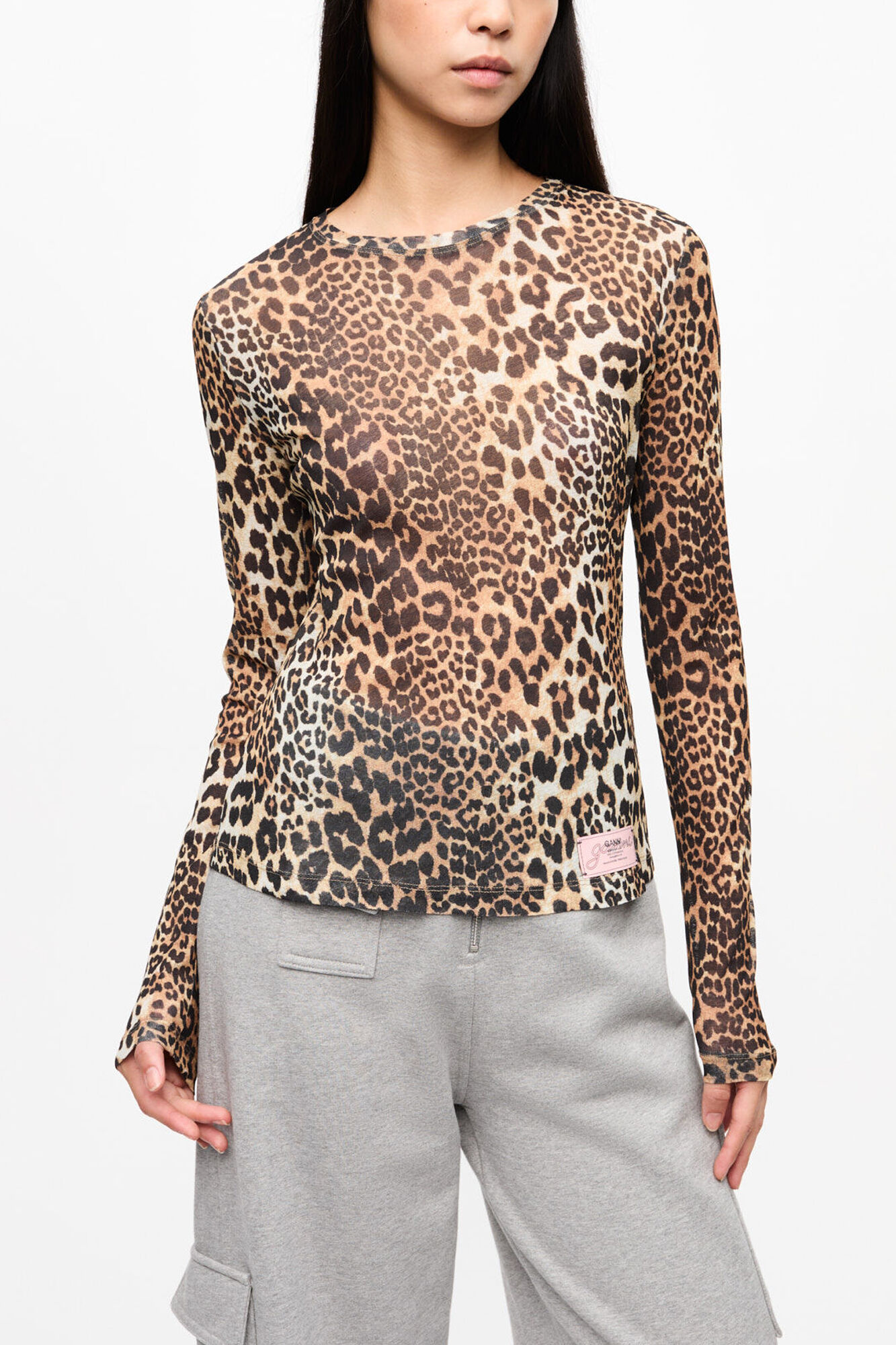 Leopard Printed Mesh Long-sleeve Blouse | GANNI US