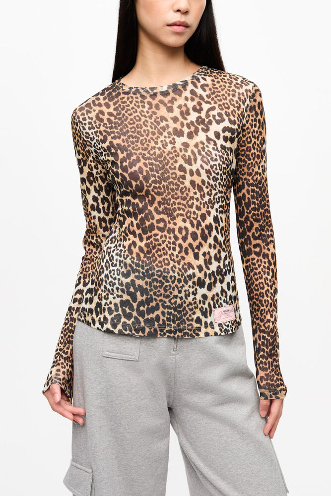Leopard Printed Mesh Long-sleeve Blouse, Leopard