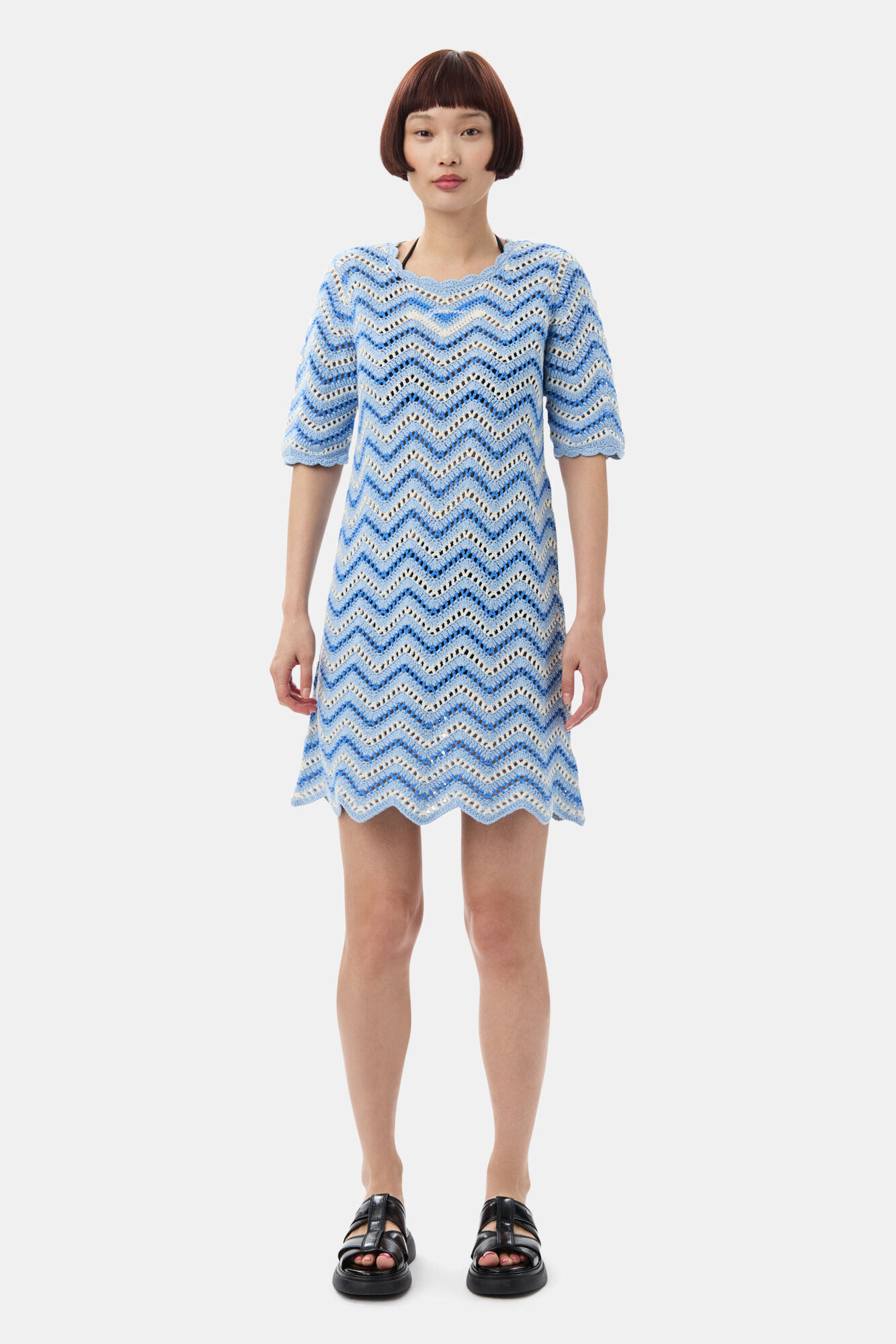 Blue Cotton Crochet Mini Dress, Cotton, in colour Heather - 1 - GANNI