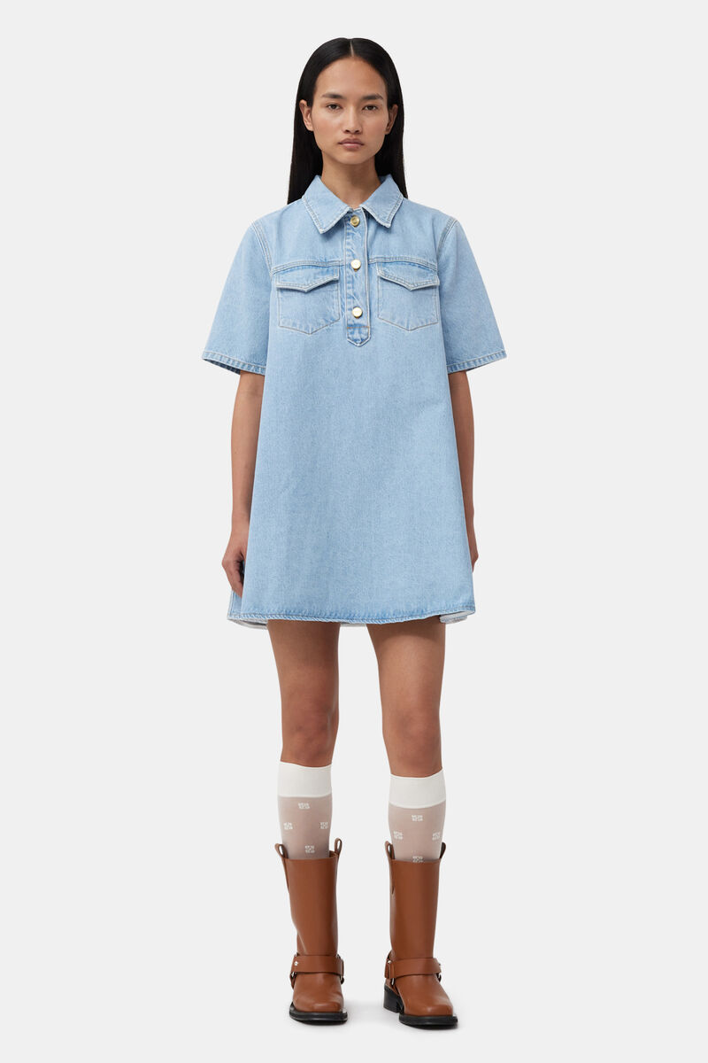 Light Blue Denim Mini Kleid, Cotton, in colour Mid Blue Vintage - 1 - GANNI