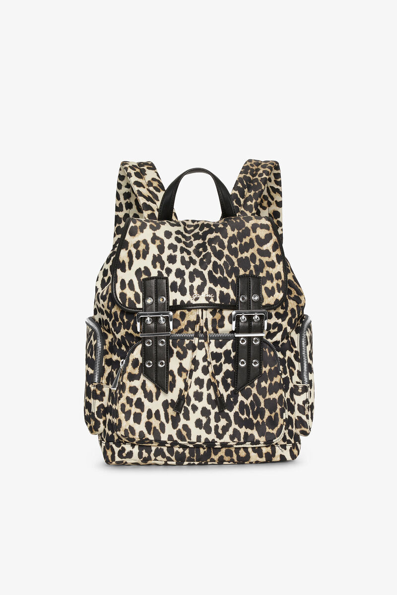 Leopard Bucky Nylon Backpack, Recycled Nylon, in colour Leopard - 1 - GANNI