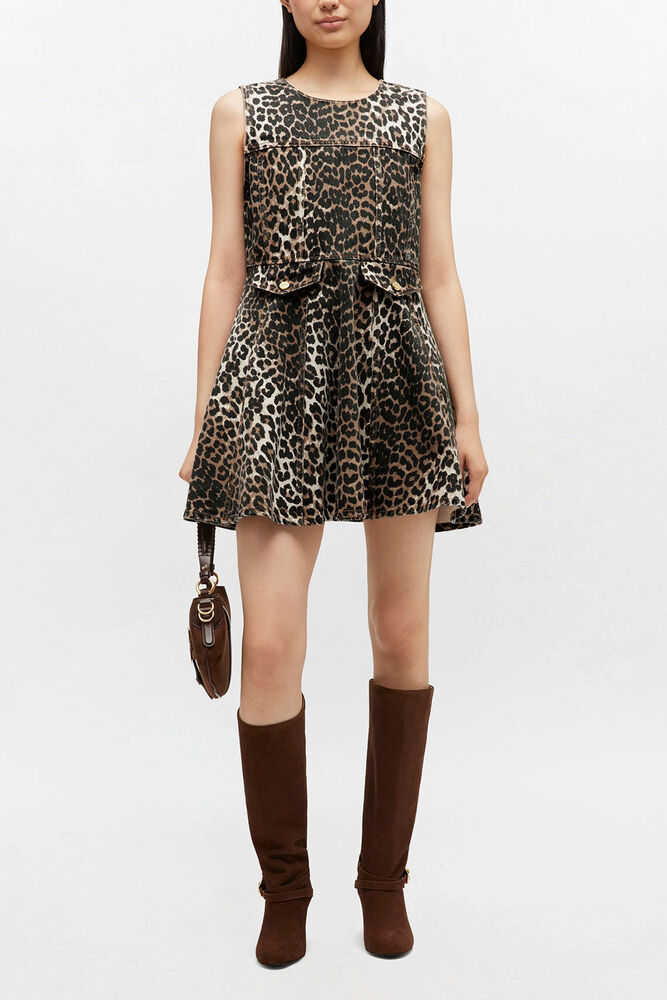 Leopard Denim Mini Dress, Almond Milk