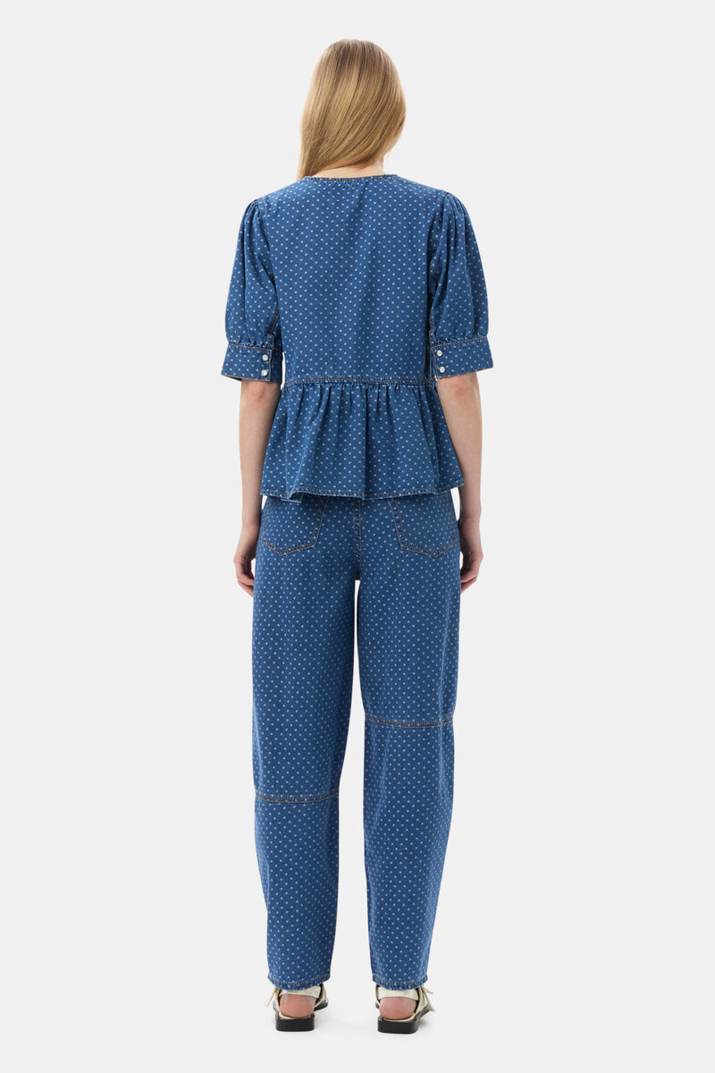Blue Polka Dot Denim Peplum Blouse, Cotton, in colour Mid Blue Stone - 4 - GANNI