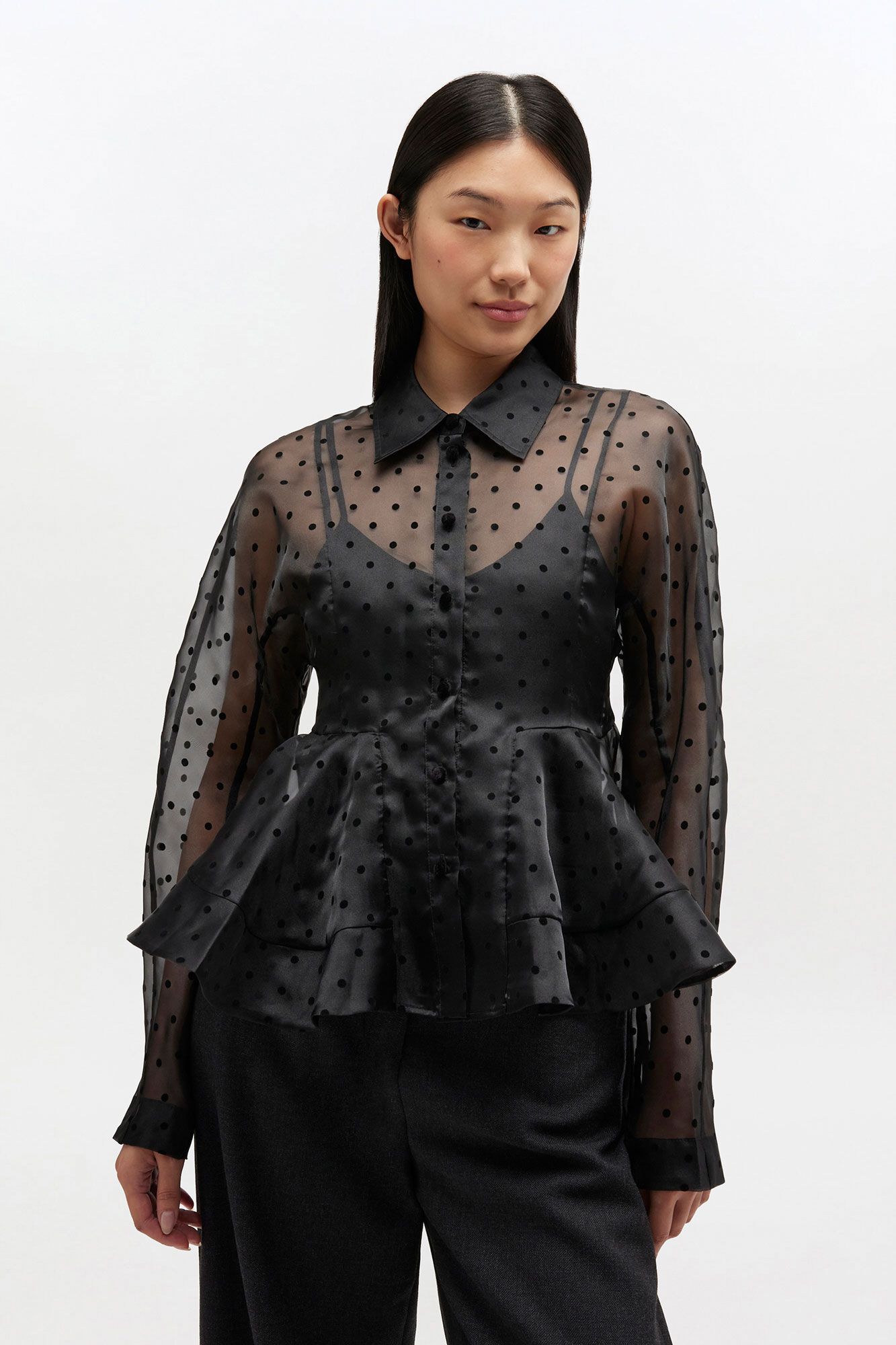 Black Organza Peplum Shirt, Recycled Polyester, in colour Black - 1 - GANNI
