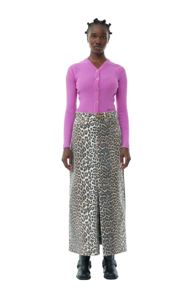 Leopard Denim Maxi Slit Skirt, Cotton, in colour Leopard - 1 - GANNI