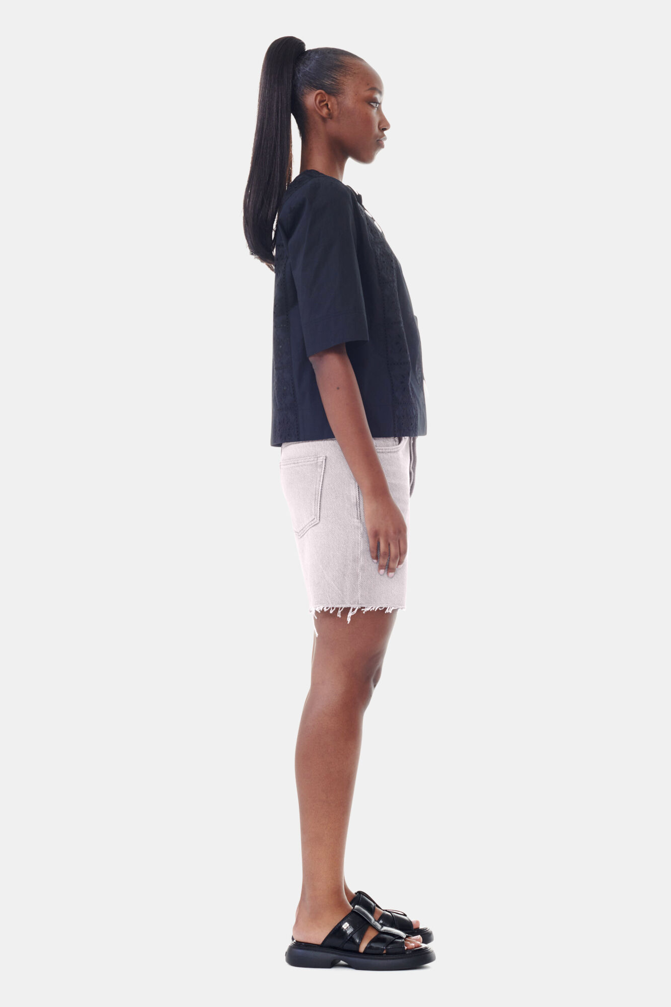Light Pink Denim Shorts, Cotton, in colour Mauve Chalk - 2 - GANNI